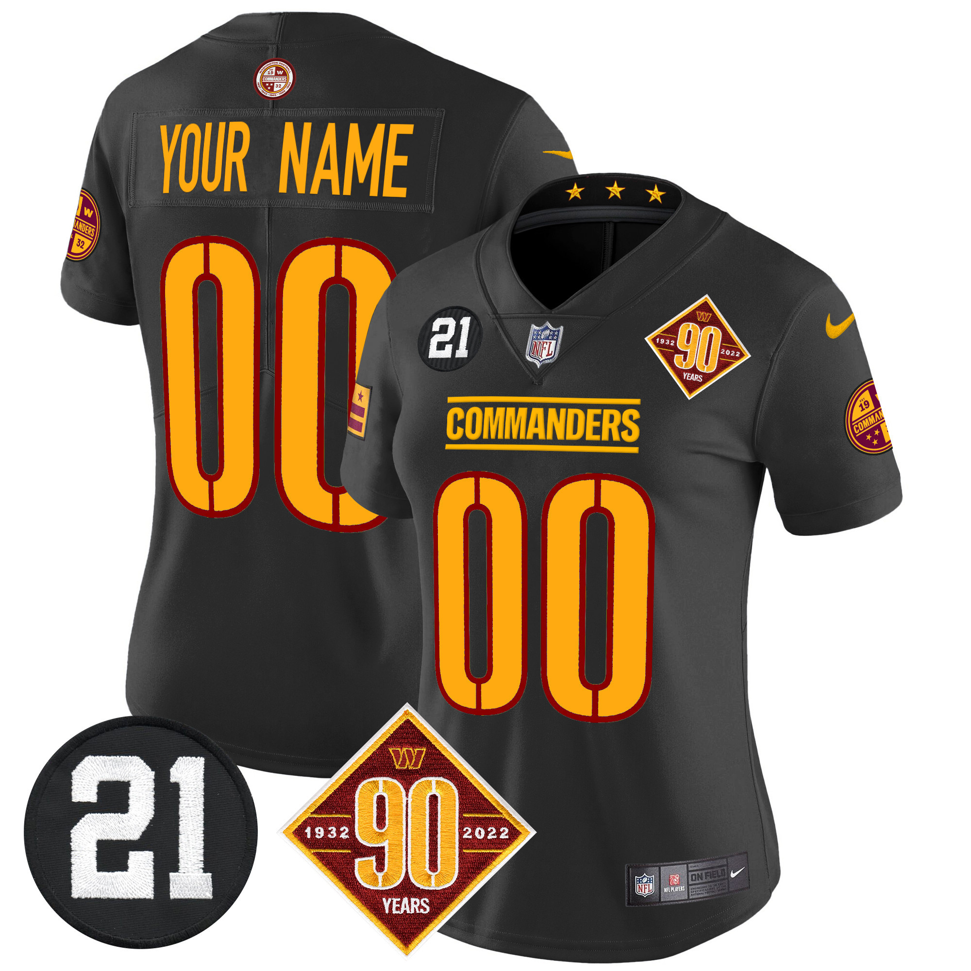 Women's Washington Commanders 90th & Sean Taylor Patch Vapor Limited Custom Black Jersey - All Stitched