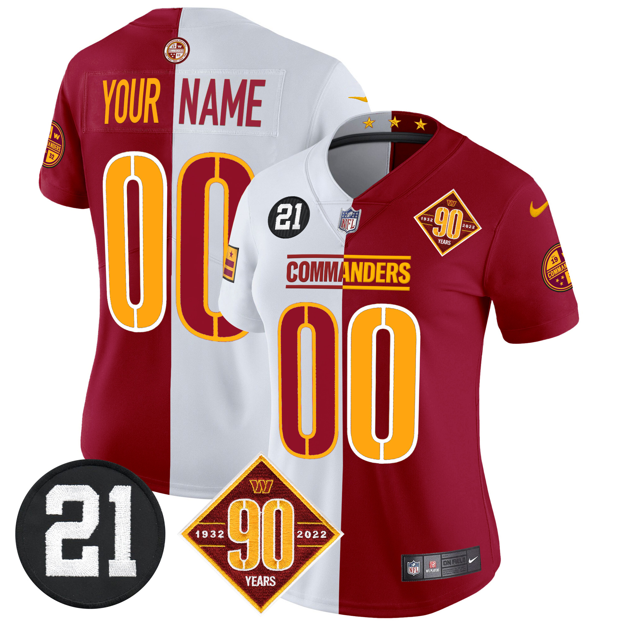 Women's Washington Commanders 90th & Sean Taylor Patch Vapor Limited Custom Half Jersey - All Stitched