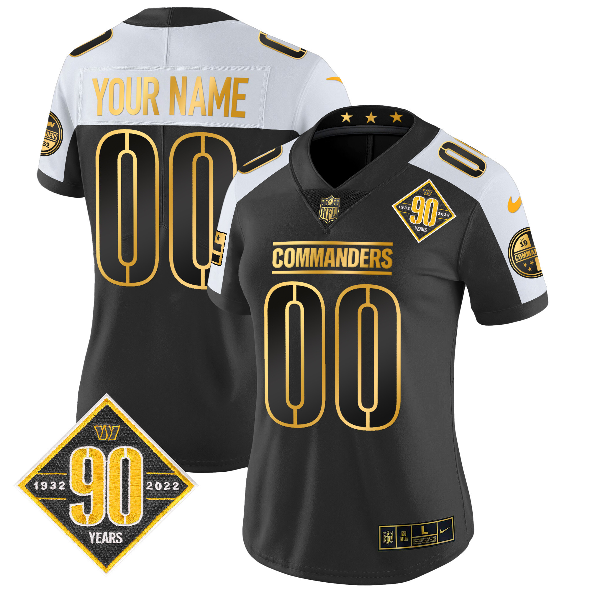 Women's Washington Commanders 90th Anniversary Patch Gold Vapor Custom Alternate Jersey - All Stitched