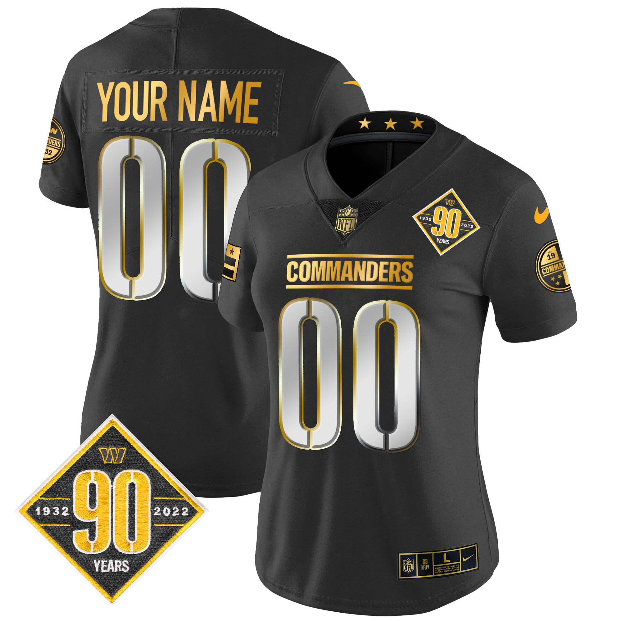 Women's Washington Commanders 90th Anniversary Patch Gold Vapor Custom Black Limited Jersey - All Stitched