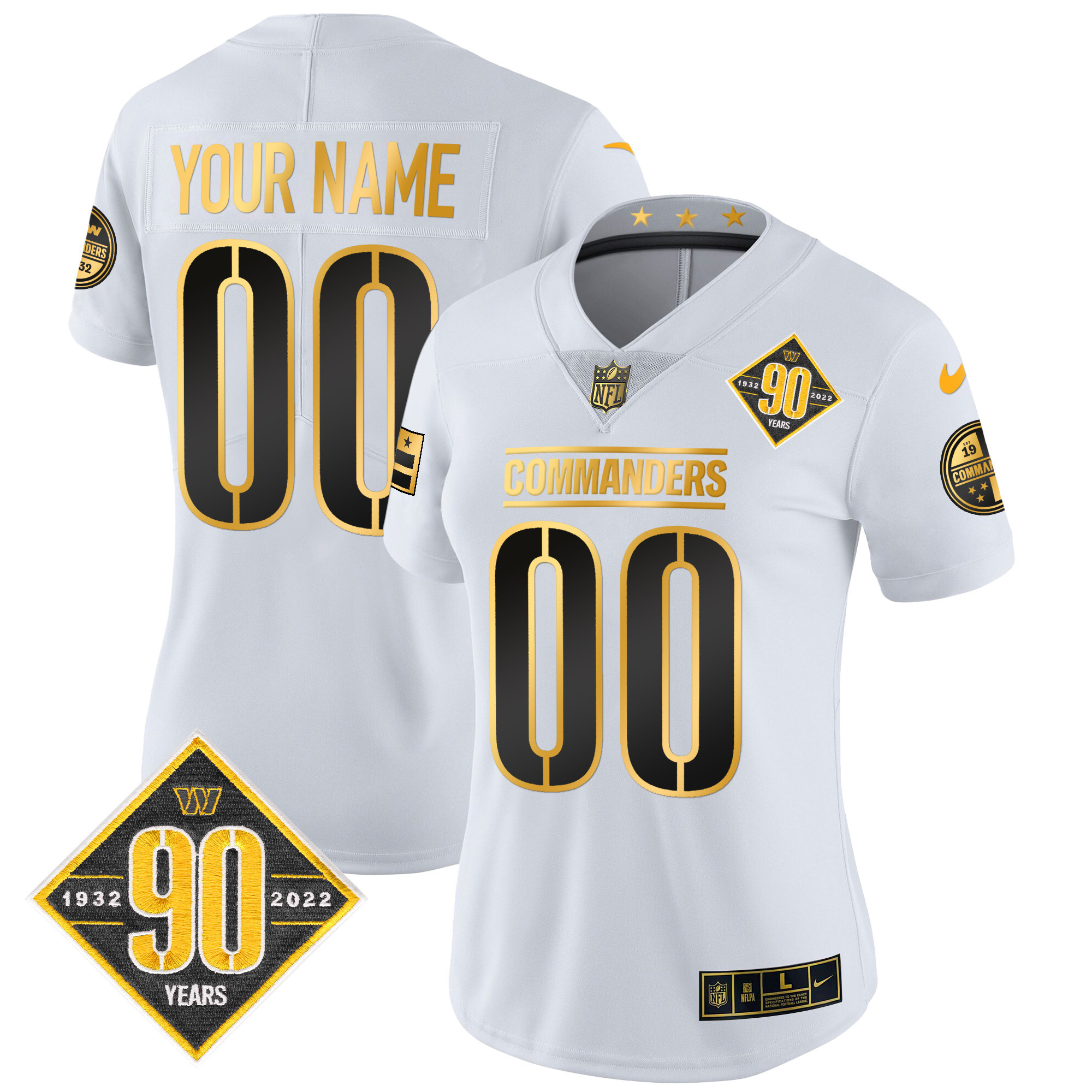 Women's Washington Commanders 90th Anniversary Patch Gold Vapor Custom White Gold Jersey - All Stitched