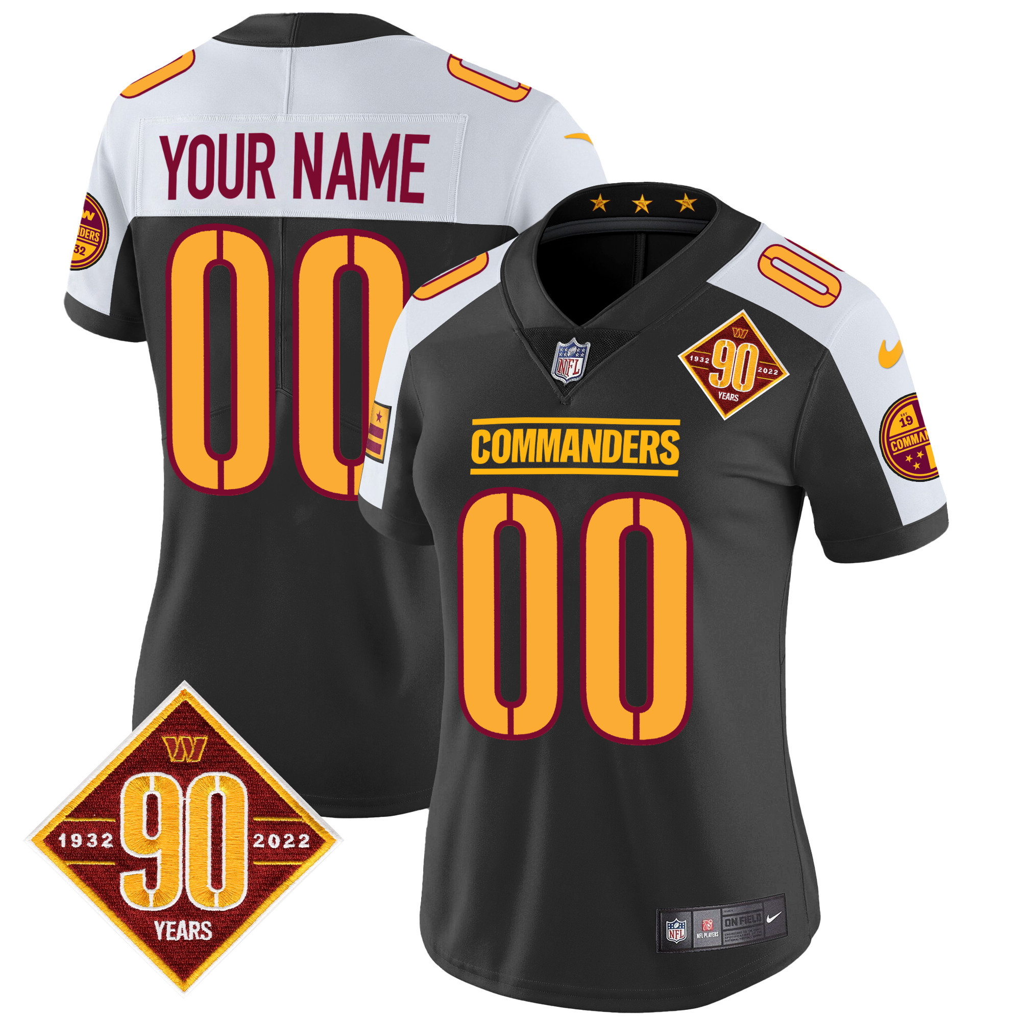 Women's Washington Commanders 90th Anniversary Patch Vapor Custom Black Alternate Jersey - All Stitched