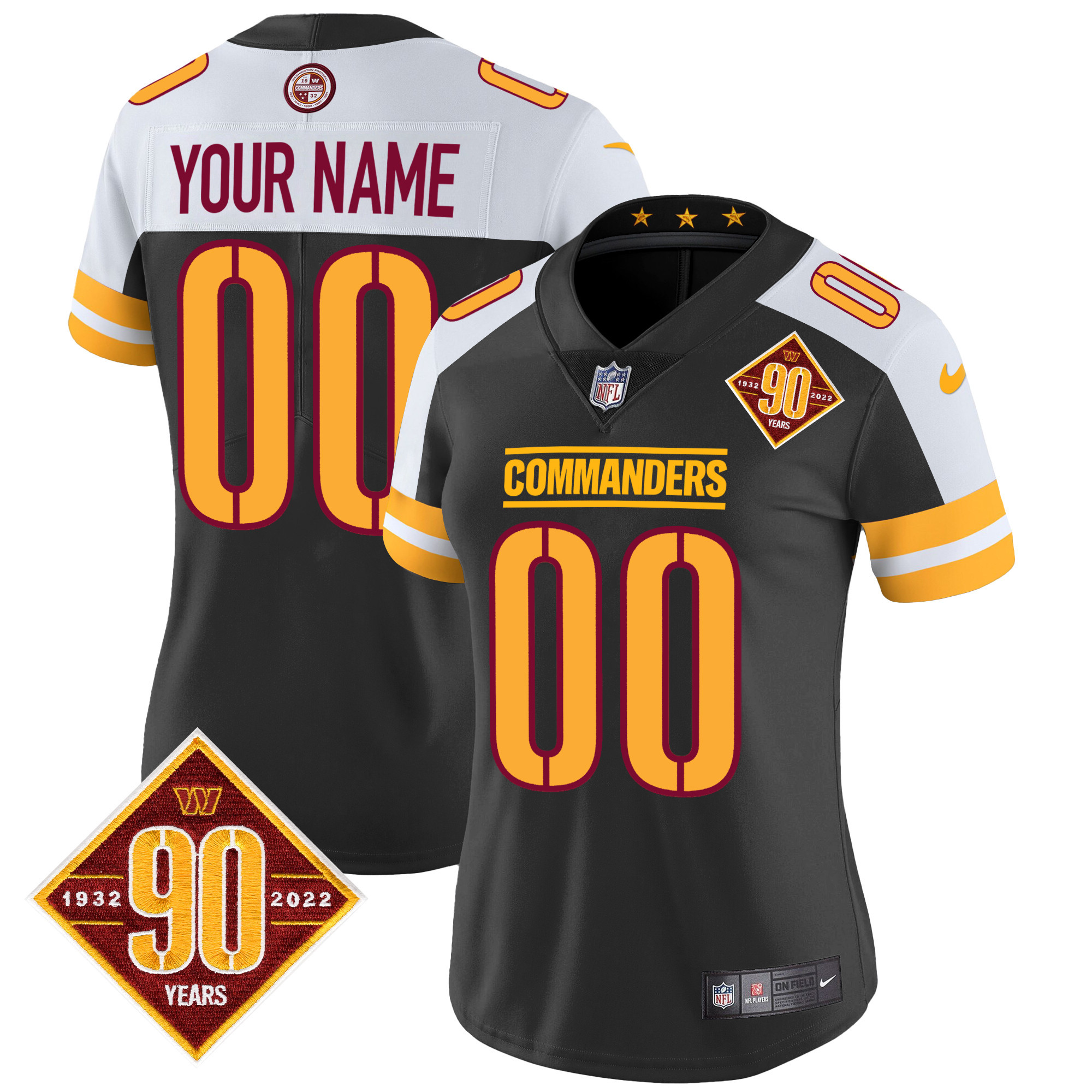 Women's Washington Commanders 90th Anniversary Patch Vapor Custom Black Alternate Jersey - All Stitched