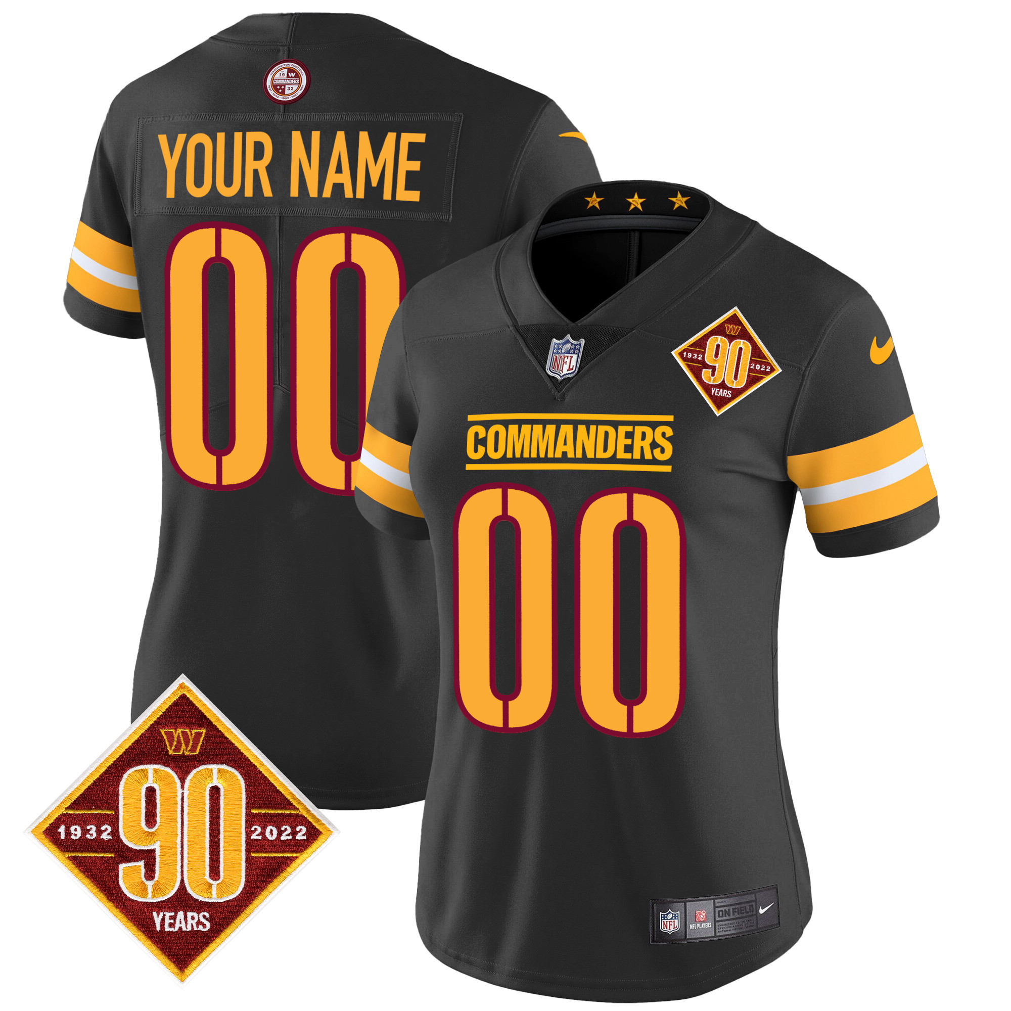 Women's Washington Commanders 90th Anniversary Patch Vapor Custom Black Jersey - All Stitched