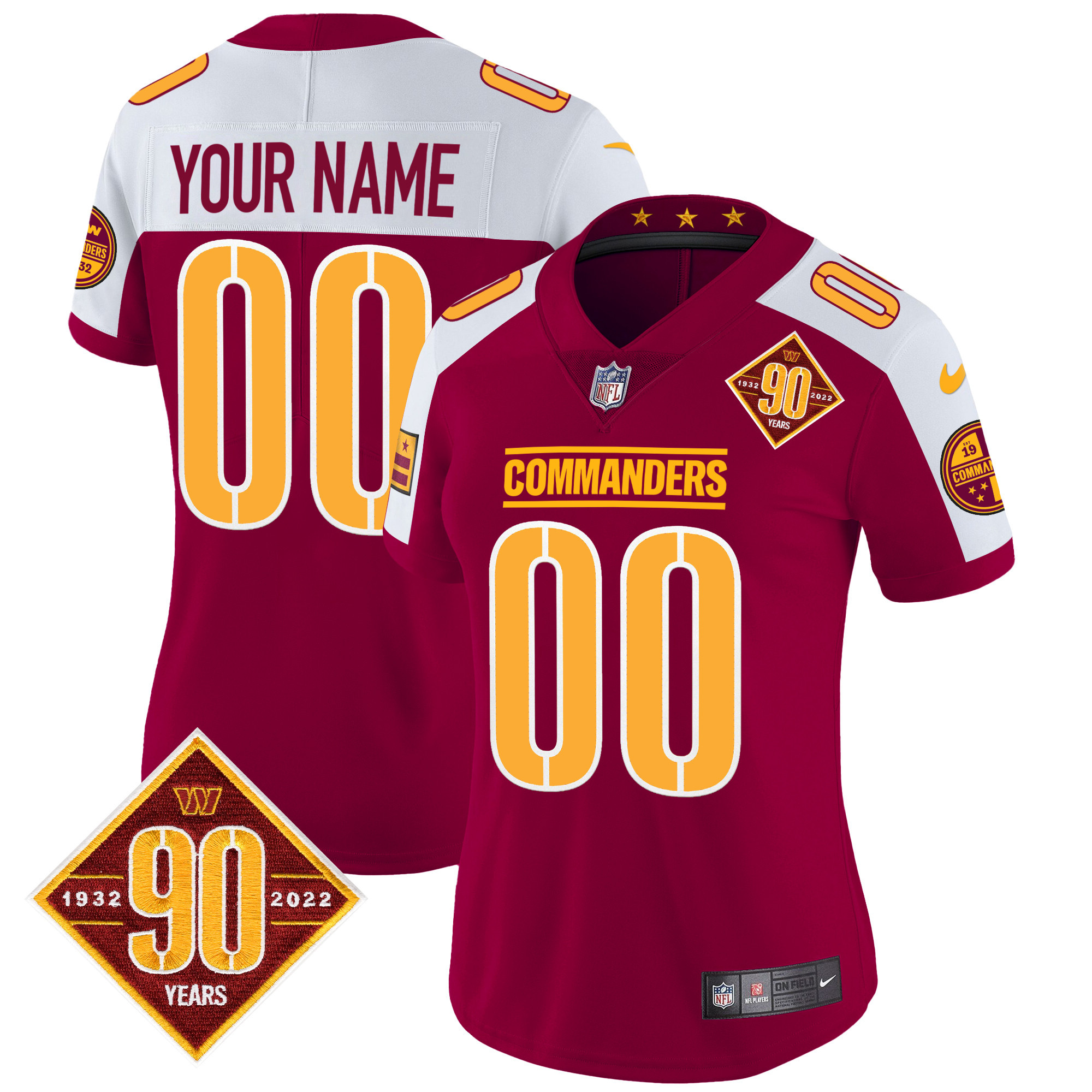 Women's Washington Commanders 90th Anniversary Patch Vapor Custom Burgundy Alternate Jersey - All Stitched
