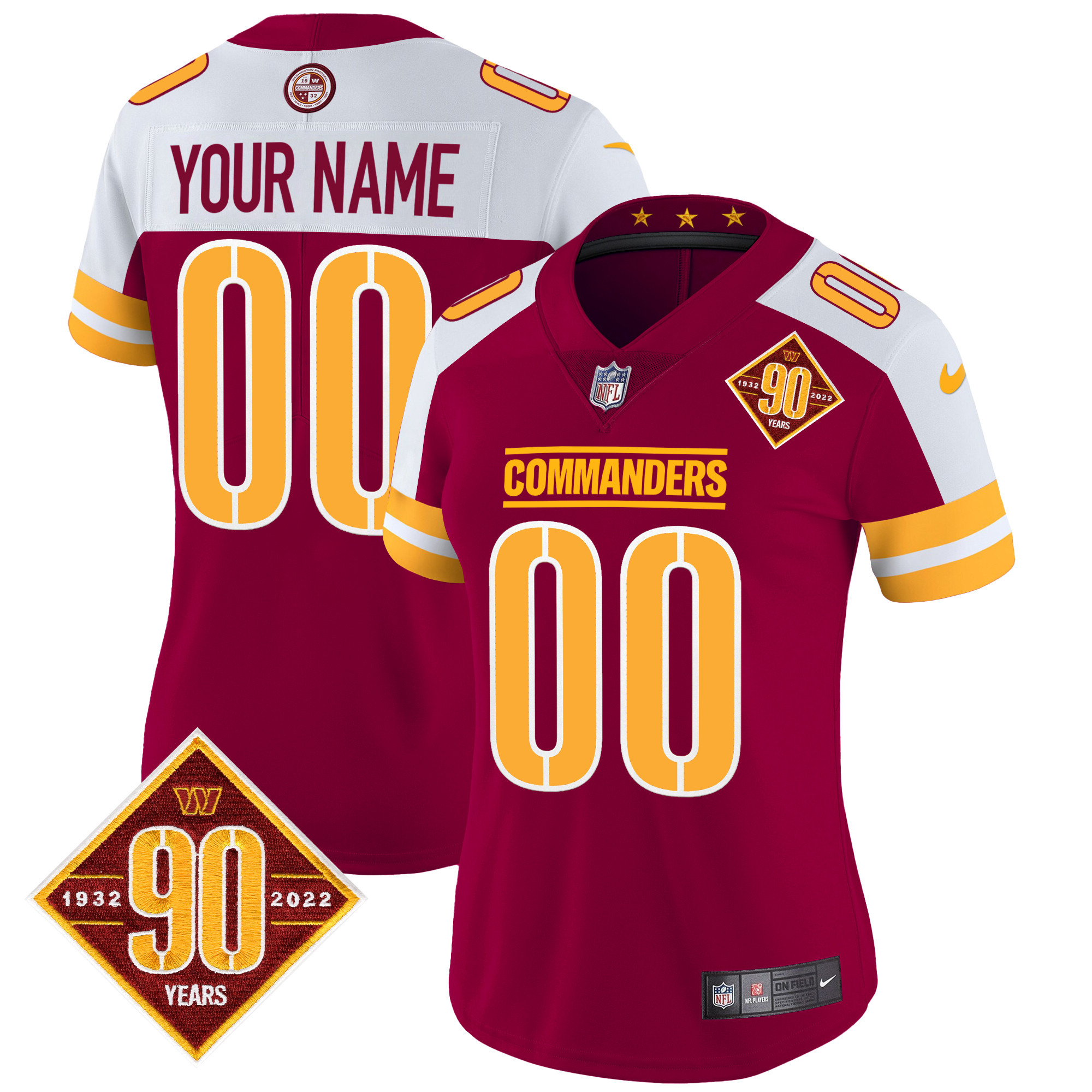 Women's Washington Commanders 90th Anniversary Patch Vapor Custom Burgundy Alternate Jersey - All Stitched