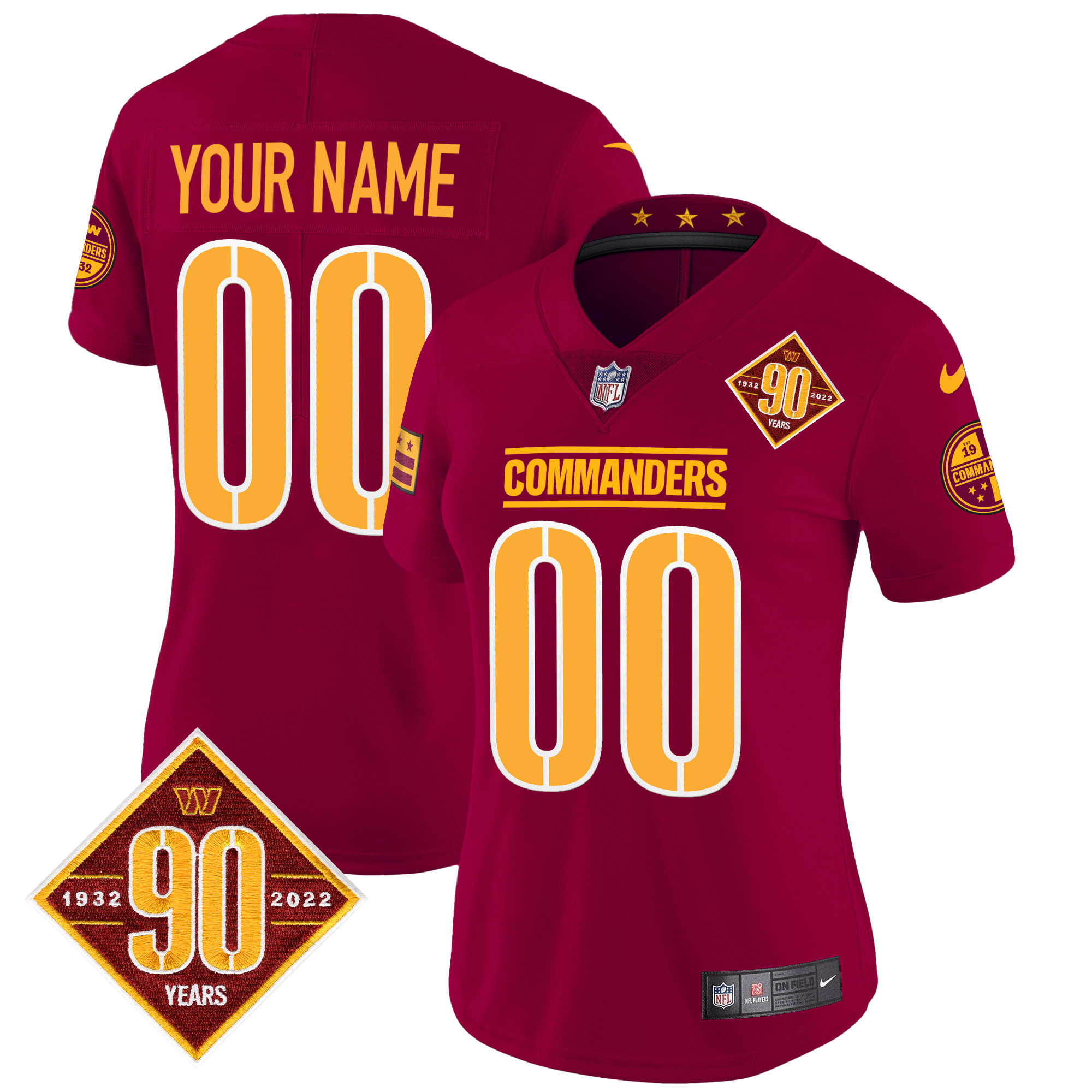 Women's Washington Commanders 90th Anniversary Patch Vapor Custom Burgundy Jersey - All Stitched