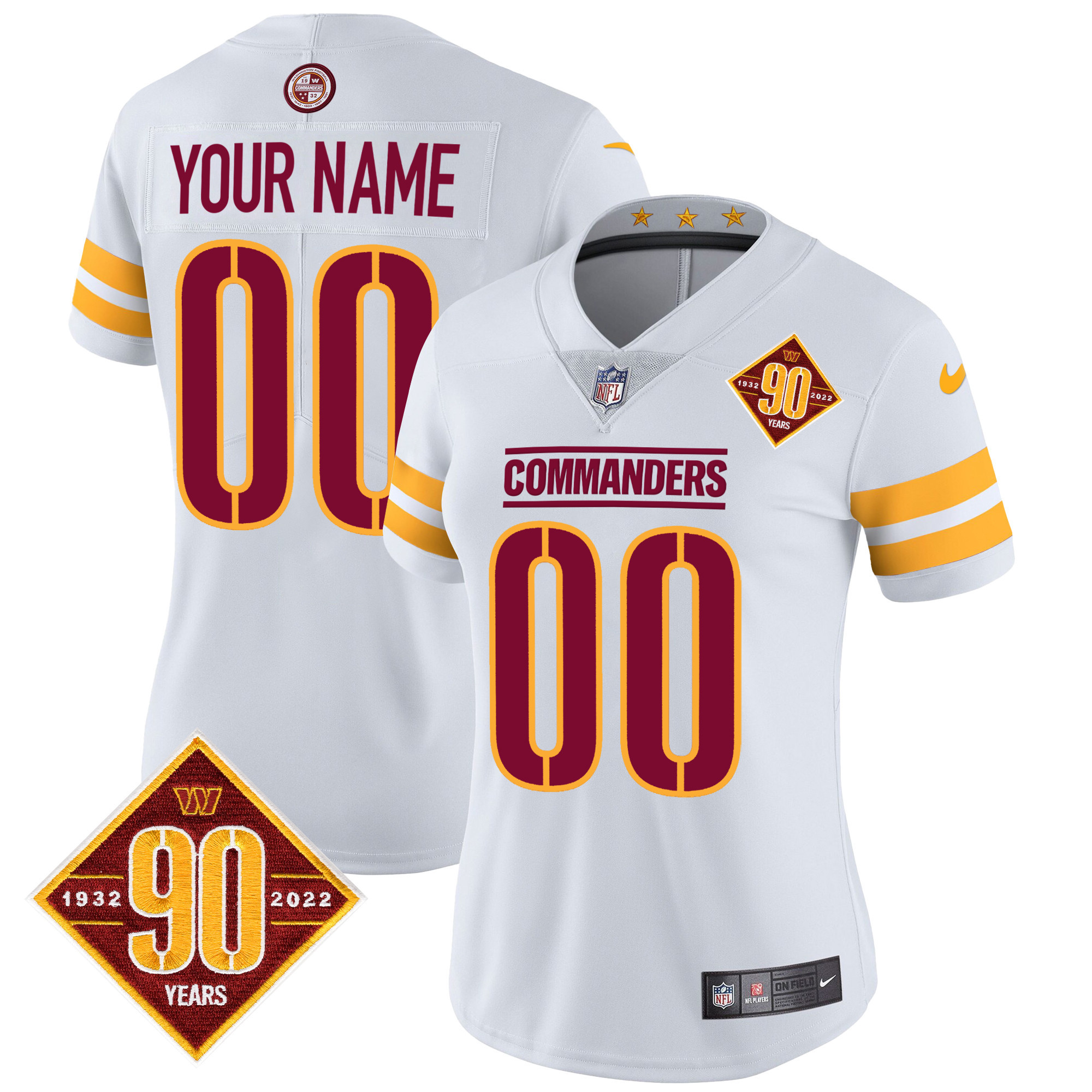 Women's Washington Commanders 90th Anniversary Patch Vapor Custom White Jersey - All Stitched