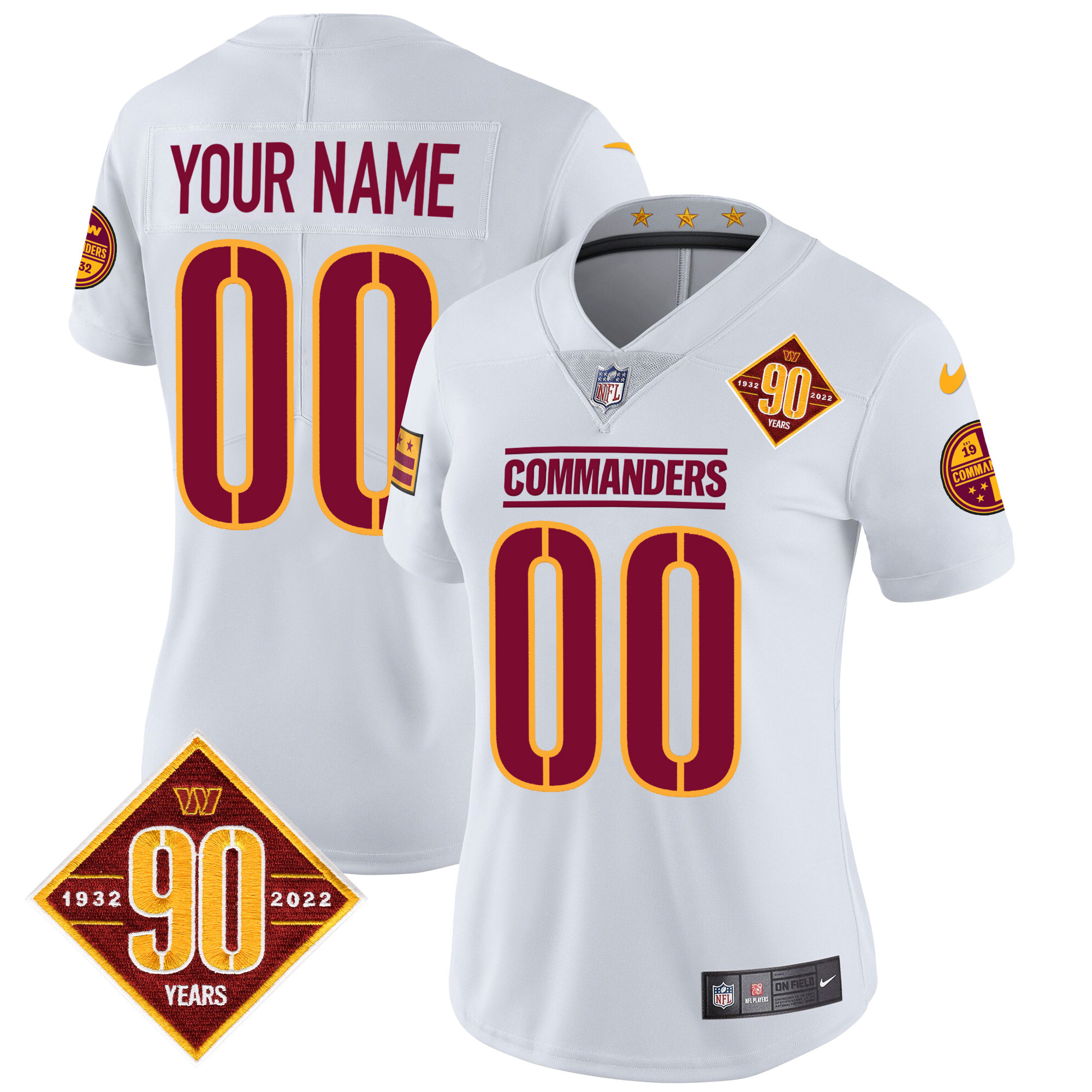 Women's Washington Commanders 90th Anniversary Patch Vapor Custom White Jersey - All Stitched