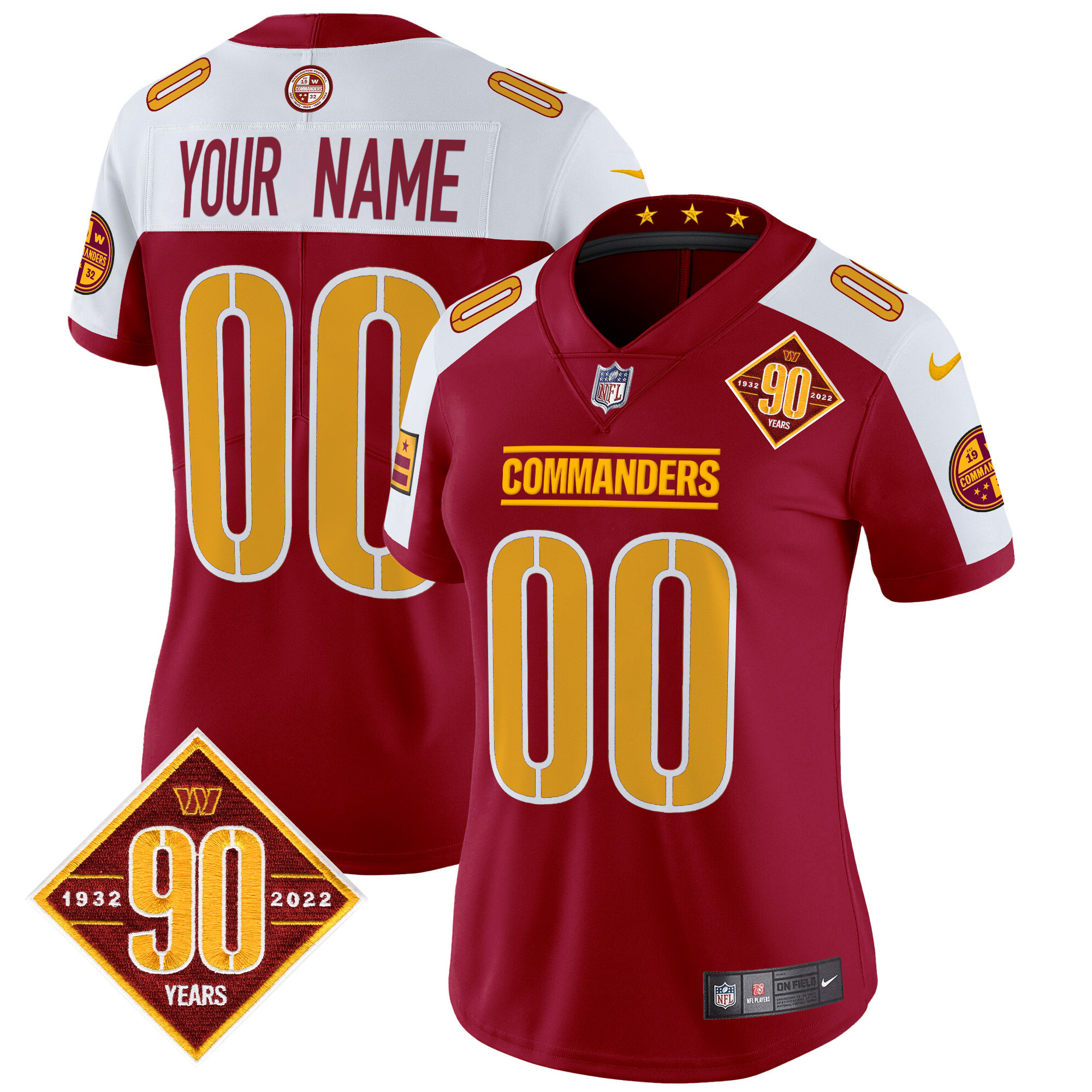 Women's Washington Commanders 90th Anniversary Patch Vapor Limited Custom Burgundy Alternate Jersey - All Stitched