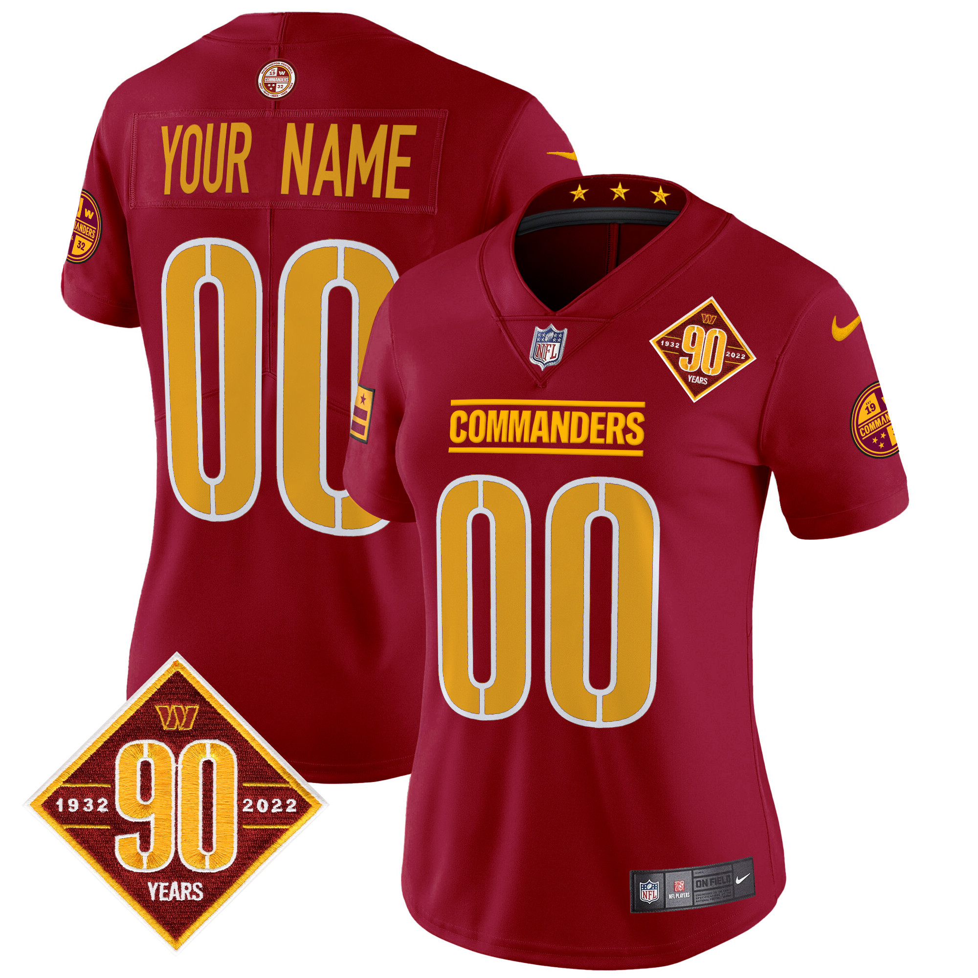 Women's Washington Commanders 90th Anniversary Patch Vapor Limited Custom Burgundy Jersey - All Stitched