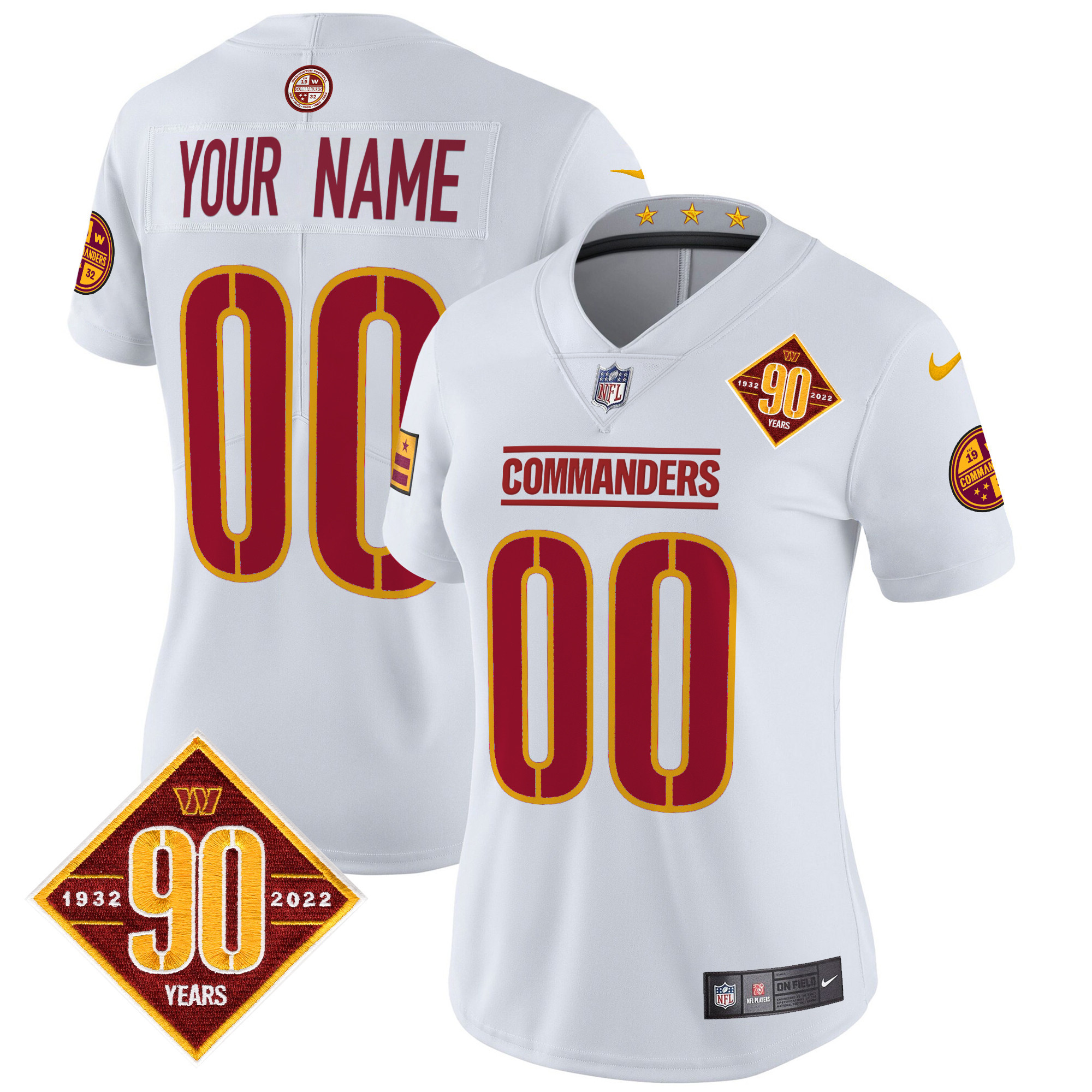 Women's Washington Commanders 90th Anniversary Patch Vapor Limited Custom White Jersey - All Stitched