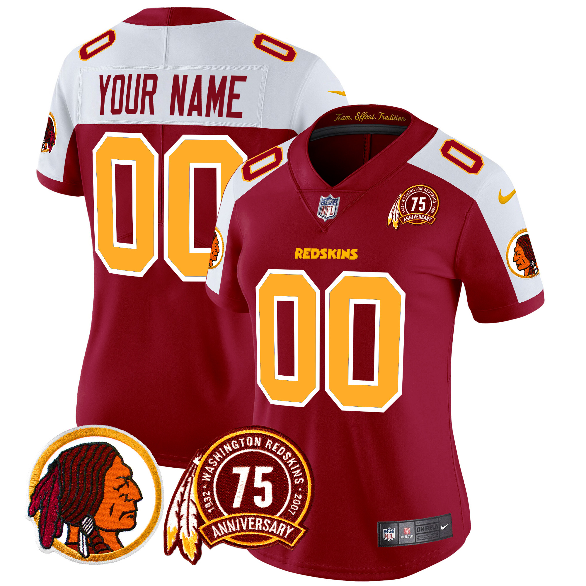 Women's Washington Redskins 75th Patch Vapor Limited Custom Burgundy Alternate Jersey - All Stitched