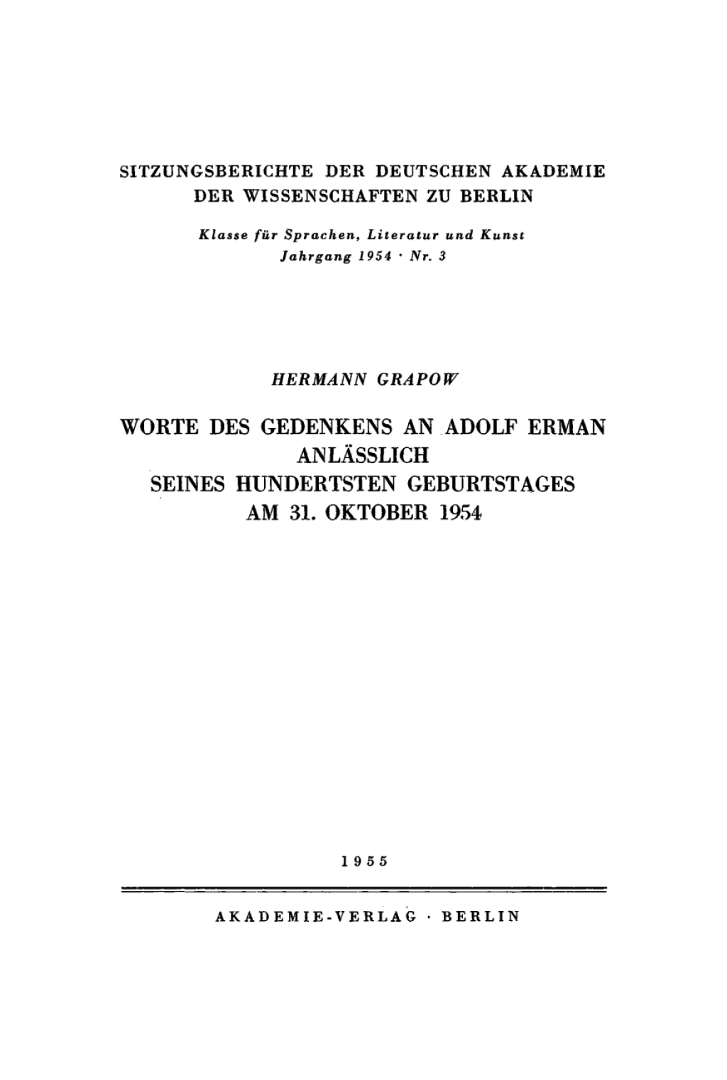 Worte des Gedenkens an Adolf Erman anlÃ¤sslich seines hundertsten Geburtstages am 31. Oktober 1954 1st Edition â€“ PDF/EPUB Version Downloadable
