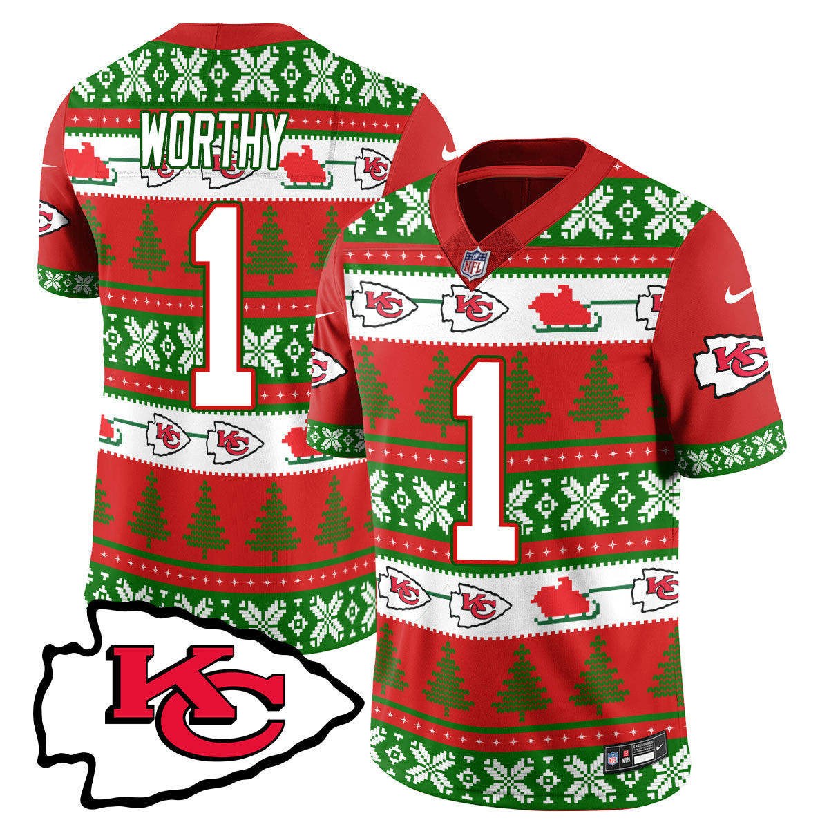 Xavier Worthy Men's Kansas City Chiefs 2024 Christmas Vapor Limited Jersey - Printed Red Green Jersey - All Stitched