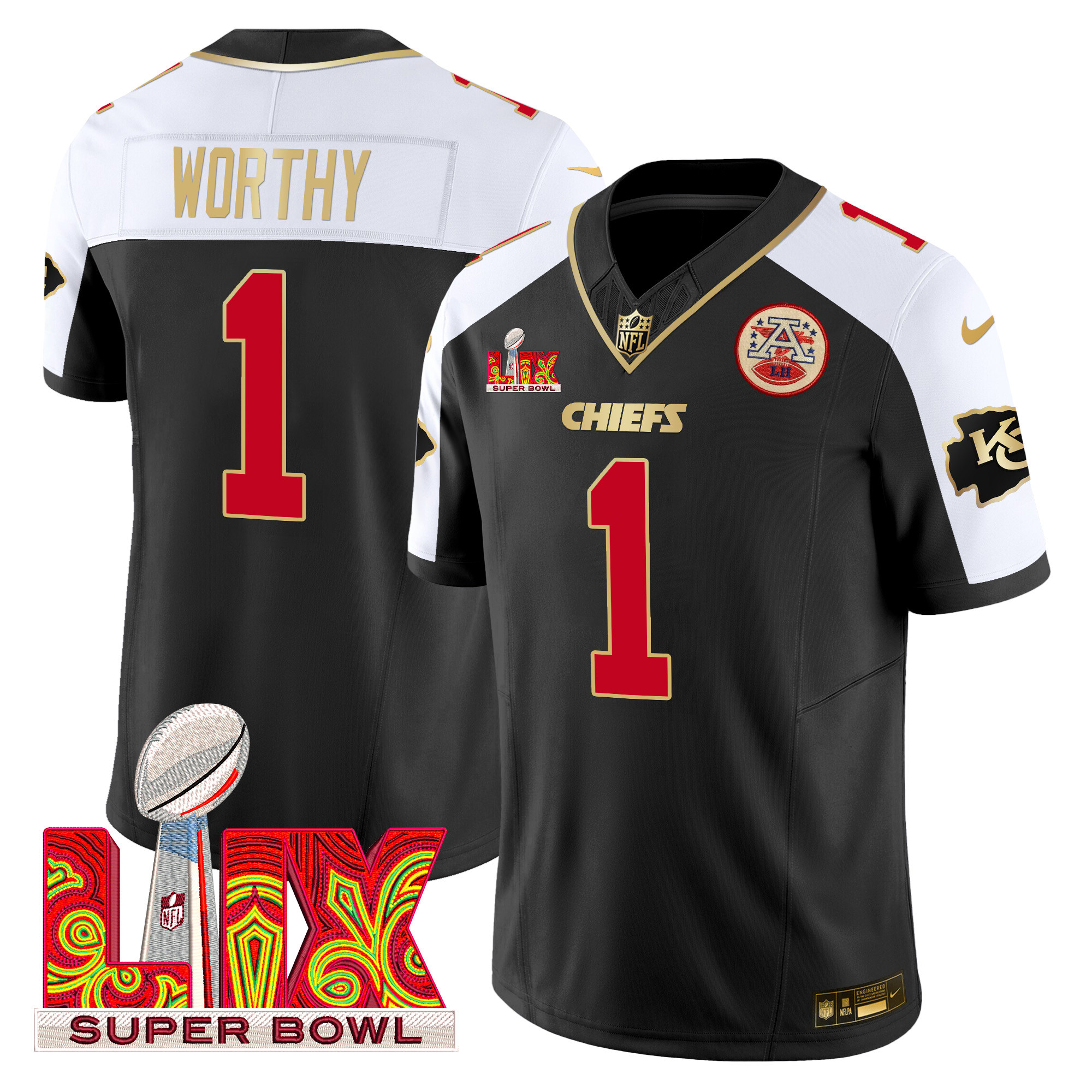 Xavier Worthy Men's Kansas City Chiefs Super Bowl LIX Patch Gold Trim Vapor Limited Black Alternate Jersey - All Stitched