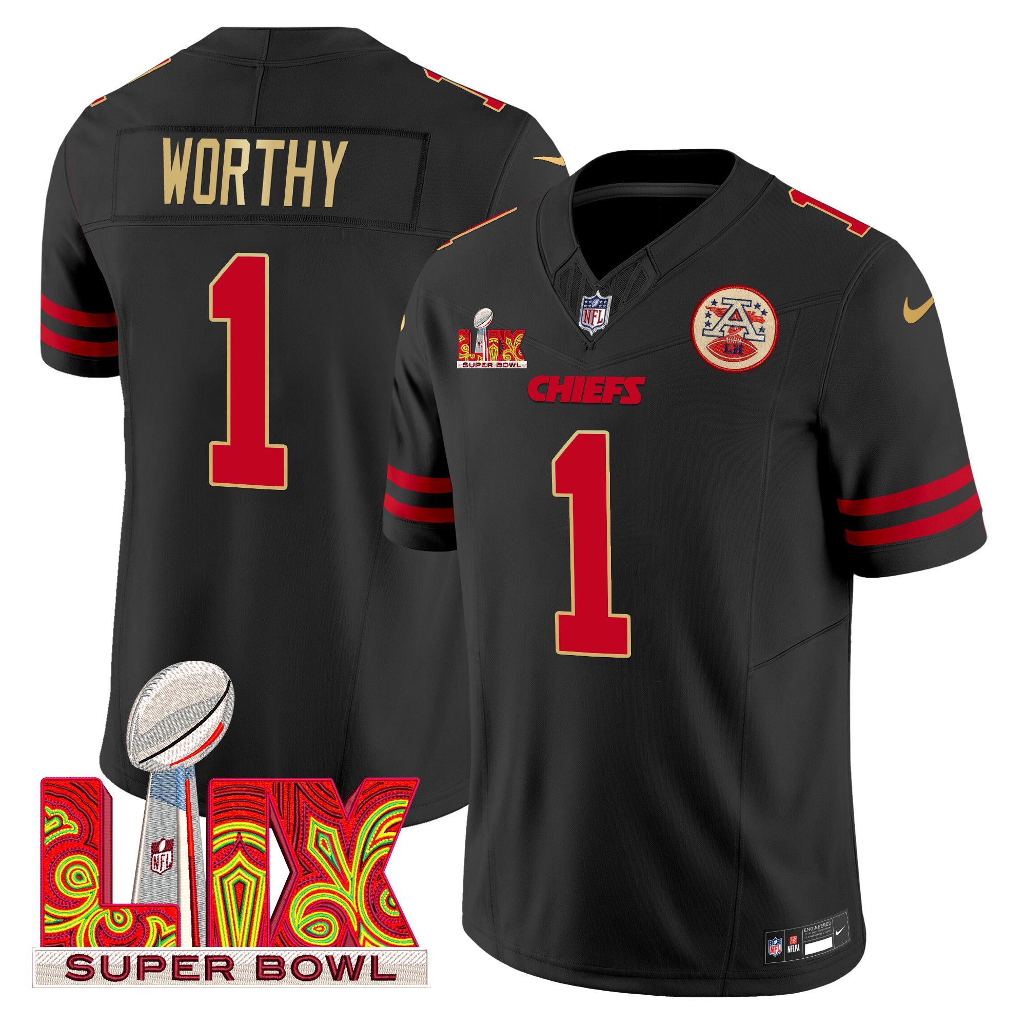 Xavier Worthy Men's Kansas City Chiefs Super Bowl LIX Patch Gold Trim Vapor Limited Black Jersey - All Stitched