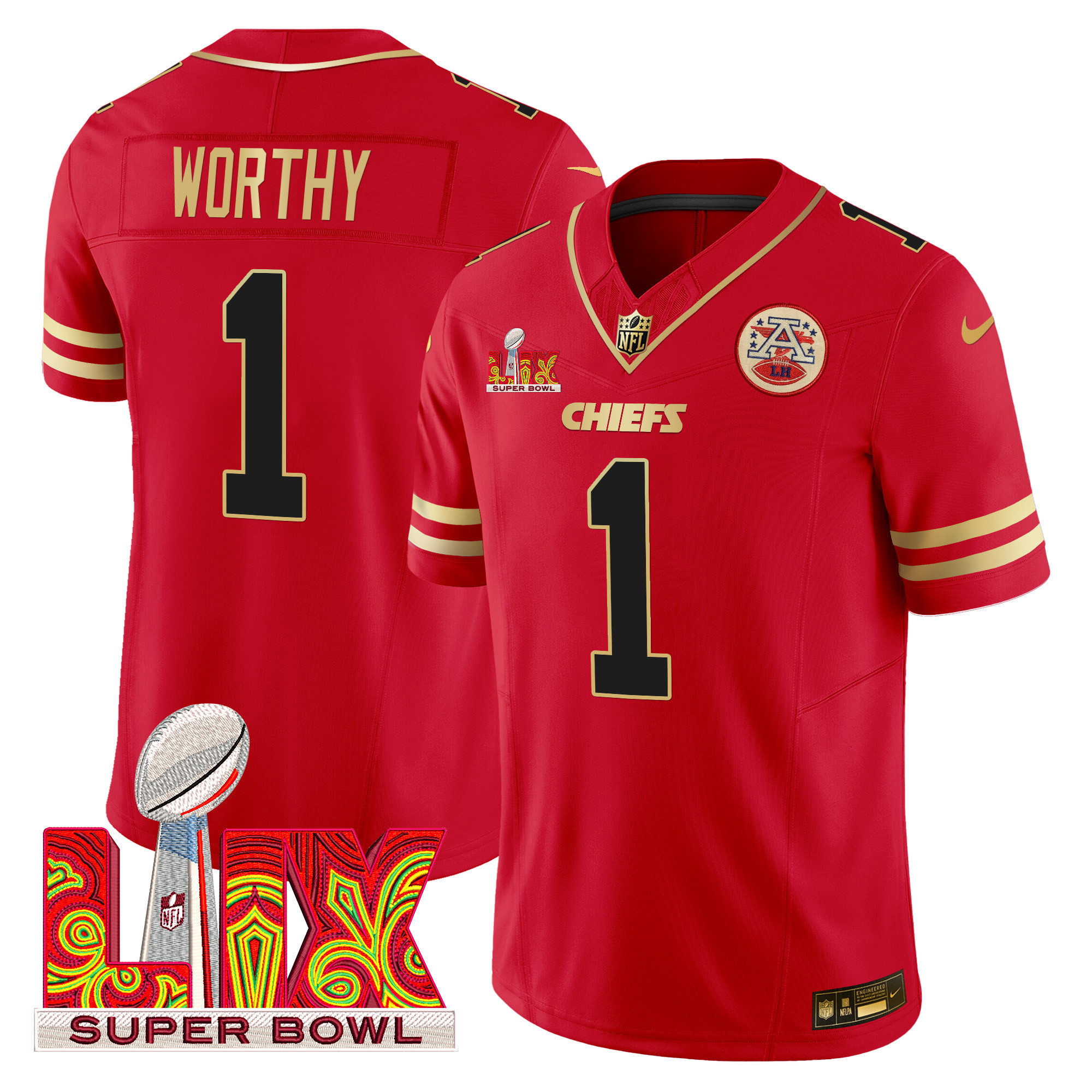 Xavier Worthy Men's Kansas City Chiefs Super Bowl LIX Patch Gold Trim Vapor Limited Red Jersey - All Stitched