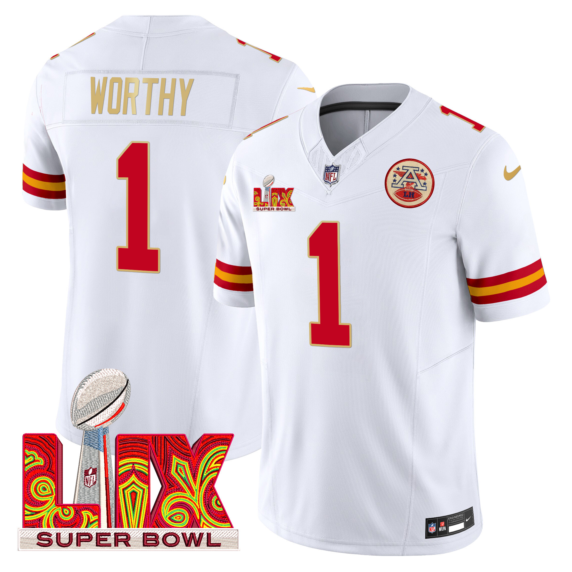 Xavier Worthy Men's Kansas City Chiefs Super Bowl LIX Patch Gold Trim Vapor Limited White Jersey - All Stitched
