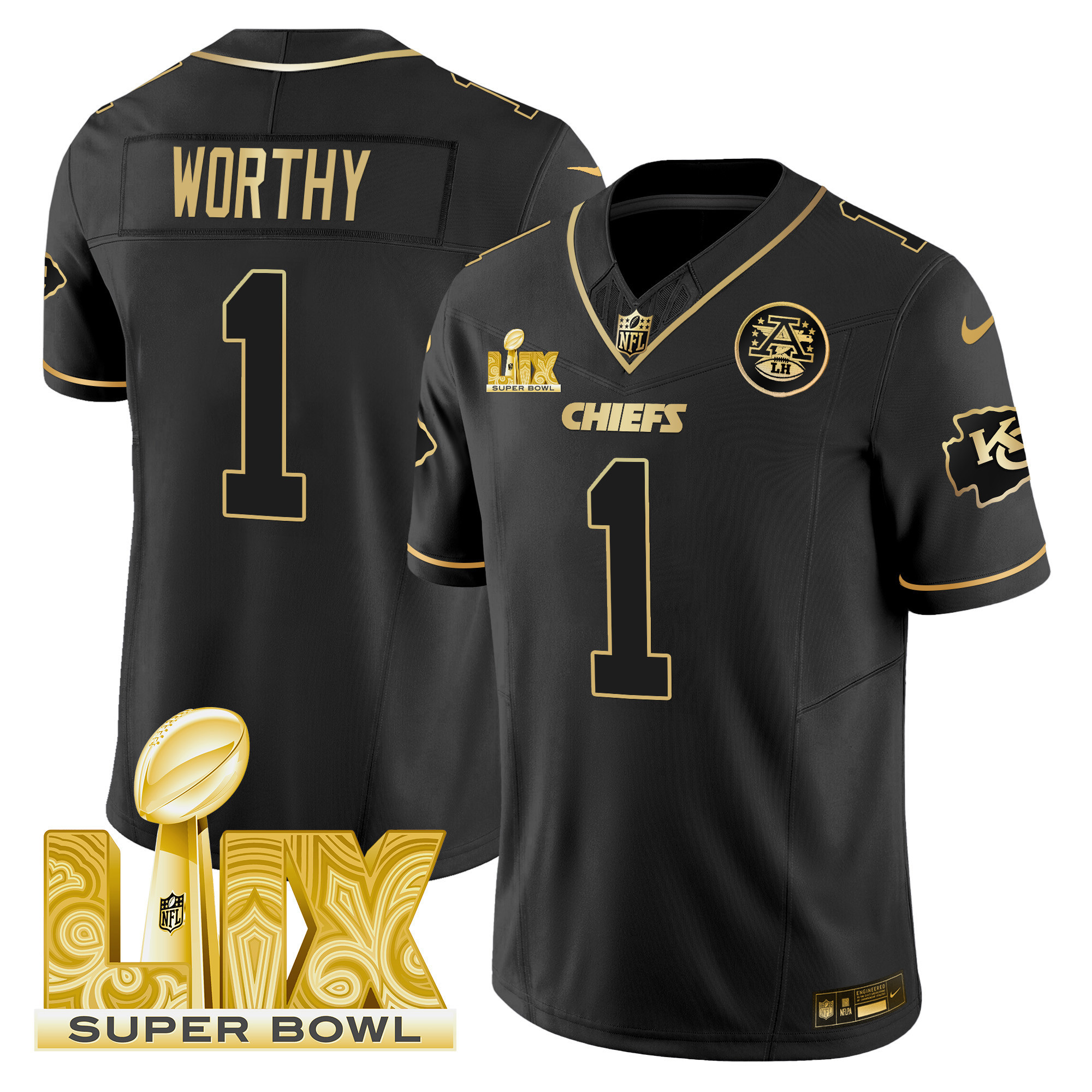 Xavier Worthy Men's Kansas City Chiefs Super Bowl LIX Patch Gold Vapor Limited Black Gold Jersey - All Stitched
