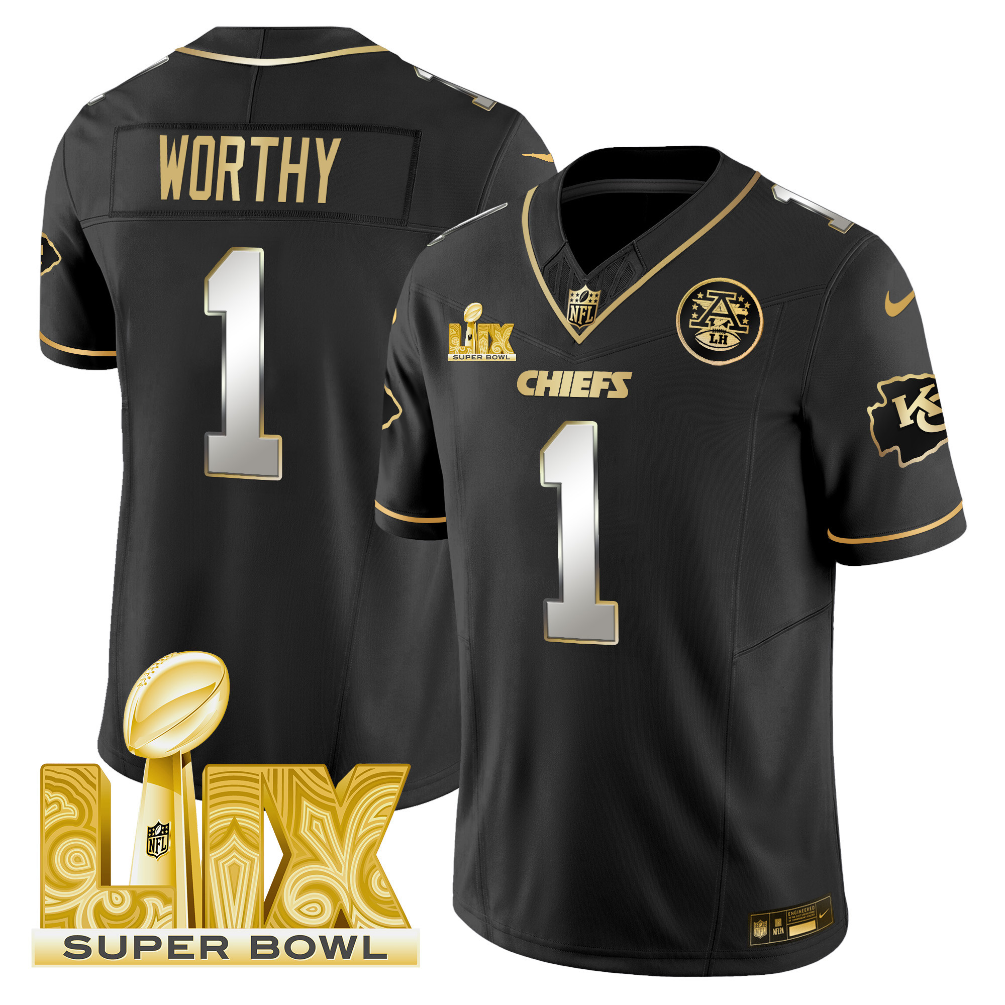 Xavier Worthy Men's Kansas City Chiefs Super Bowl LIX Patch Gold Vapor Limited Black Limited Jersey - All Stitched