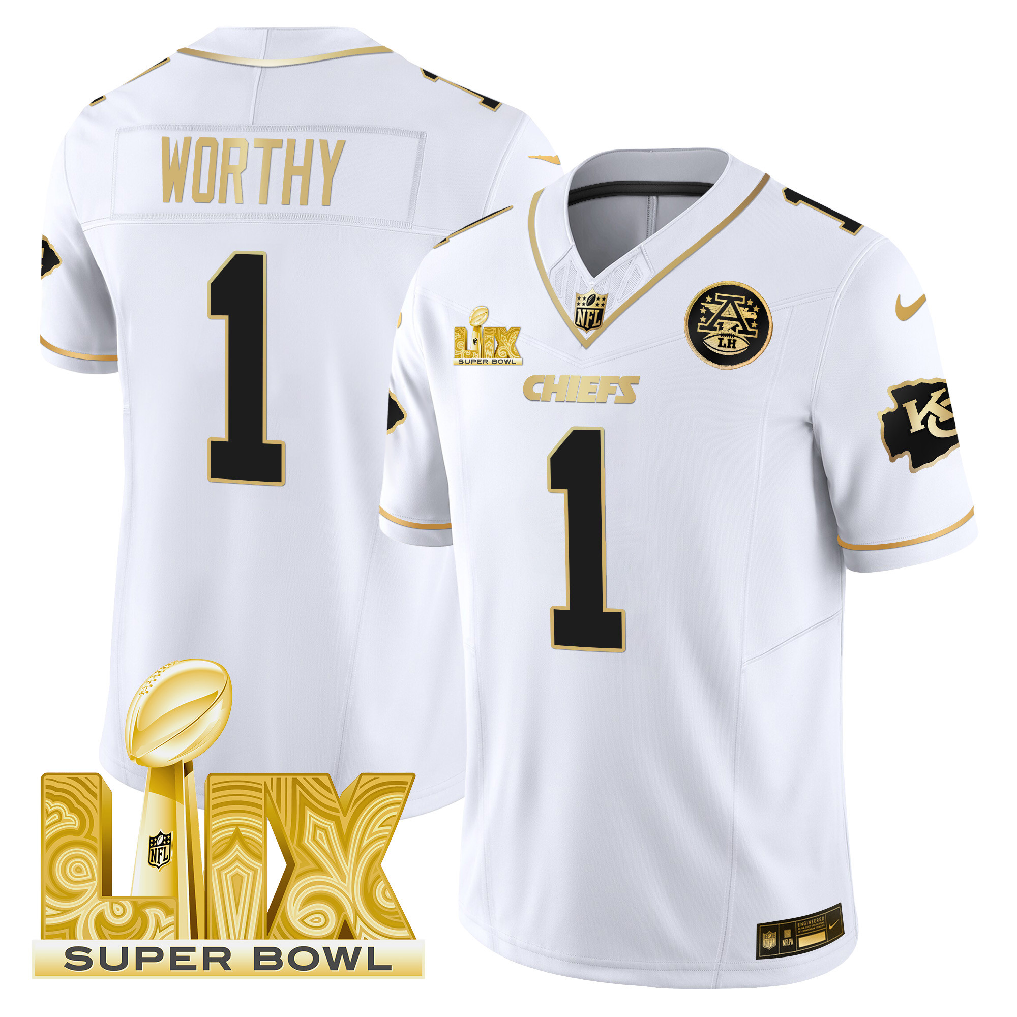 Xavier Worthy Men's Kansas City Chiefs Super Bowl LIX Patch Gold Vapor Limited White Gold Jersey - All Stitched
