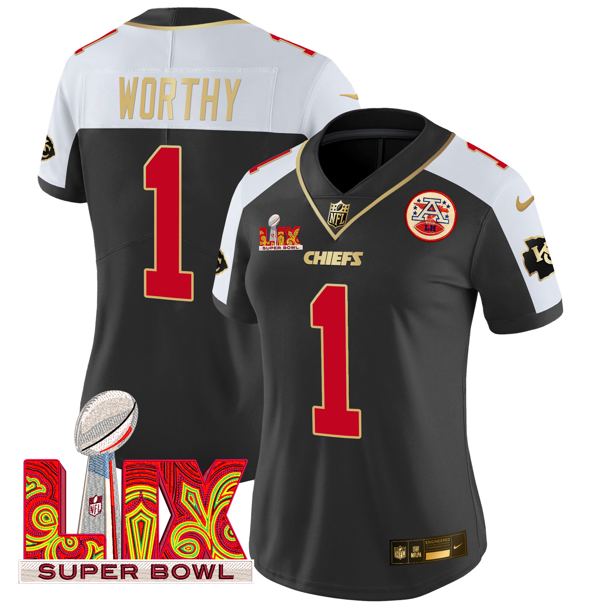 Xavier Worthy Women's Kansas City Chiefs Super Bowl LIX Patch Gold Trim Vapor Limited Black Alternate Jersey - All Stitched