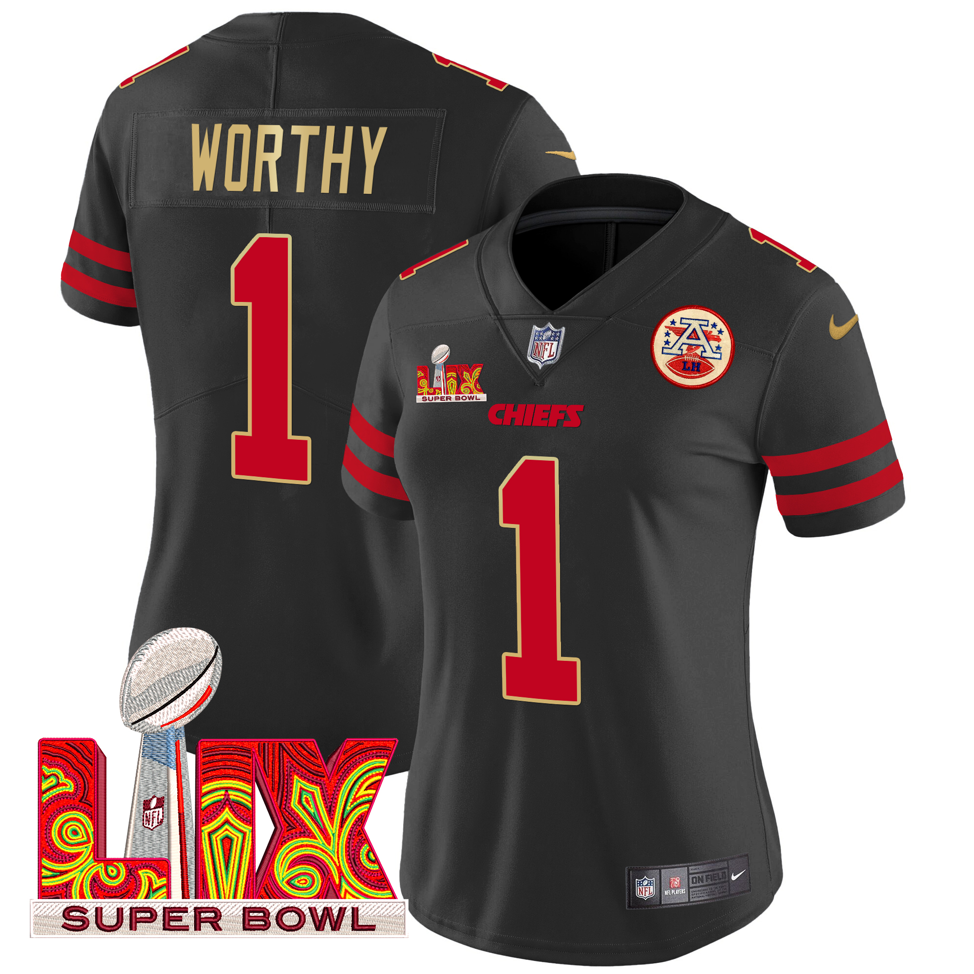 Xavier Worthy Women's Kansas City Chiefs Super Bowl LIX Patch Gold Trim Vapor Limited Black Jersey - All Stitched