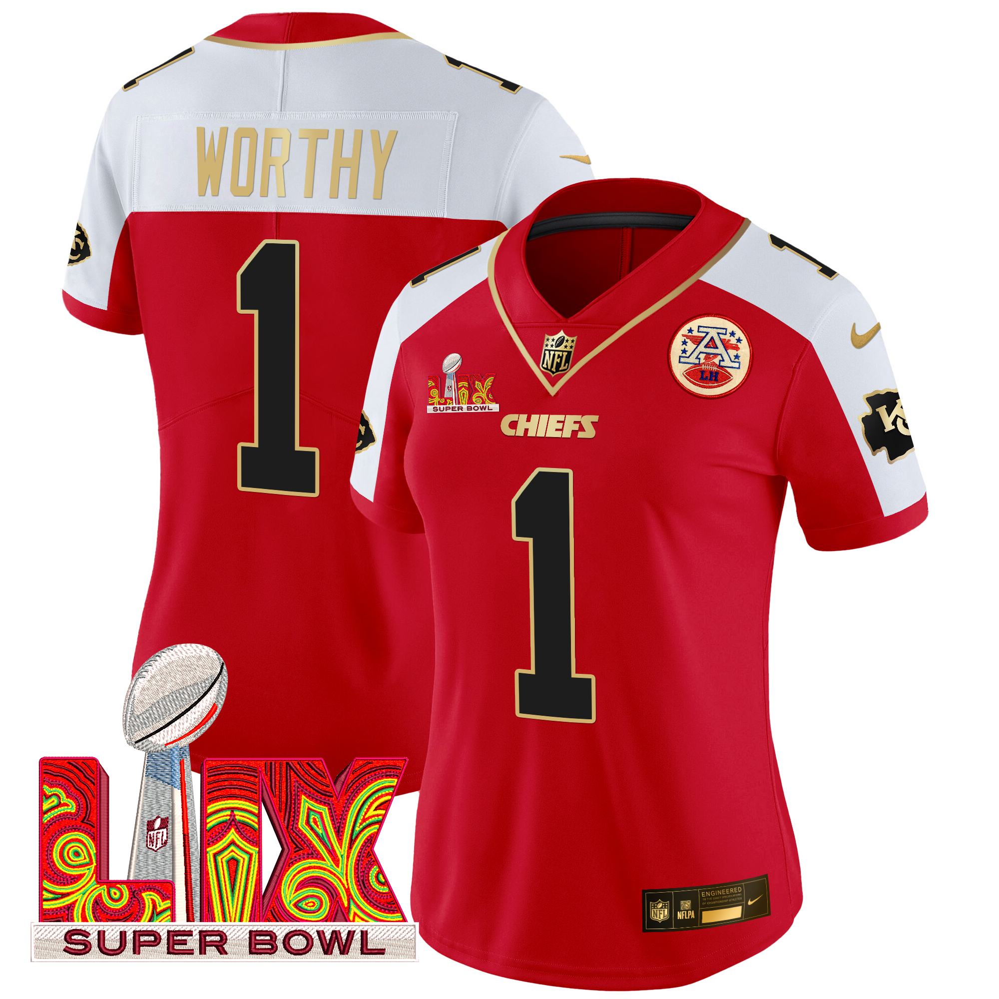 Xavier Worthy Women's Kansas City Chiefs Super Bowl LIX Patch Gold Trim Vapor Limited Red Alternate Jersey - All Stitched