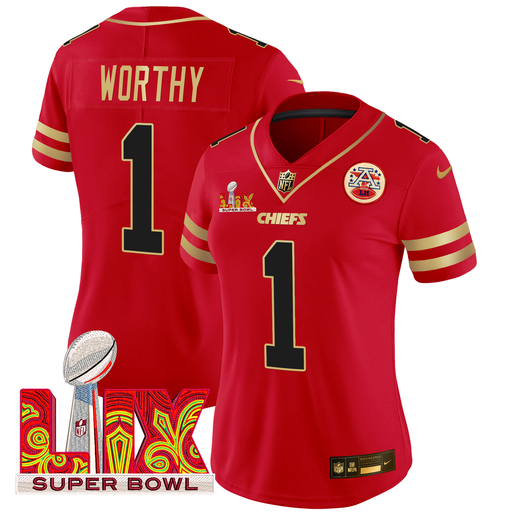 Xavier Worthy Women's Kansas City Chiefs Super Bowl LIX Patch Gold Trim Vapor Limited Red Jersey - All Stitched