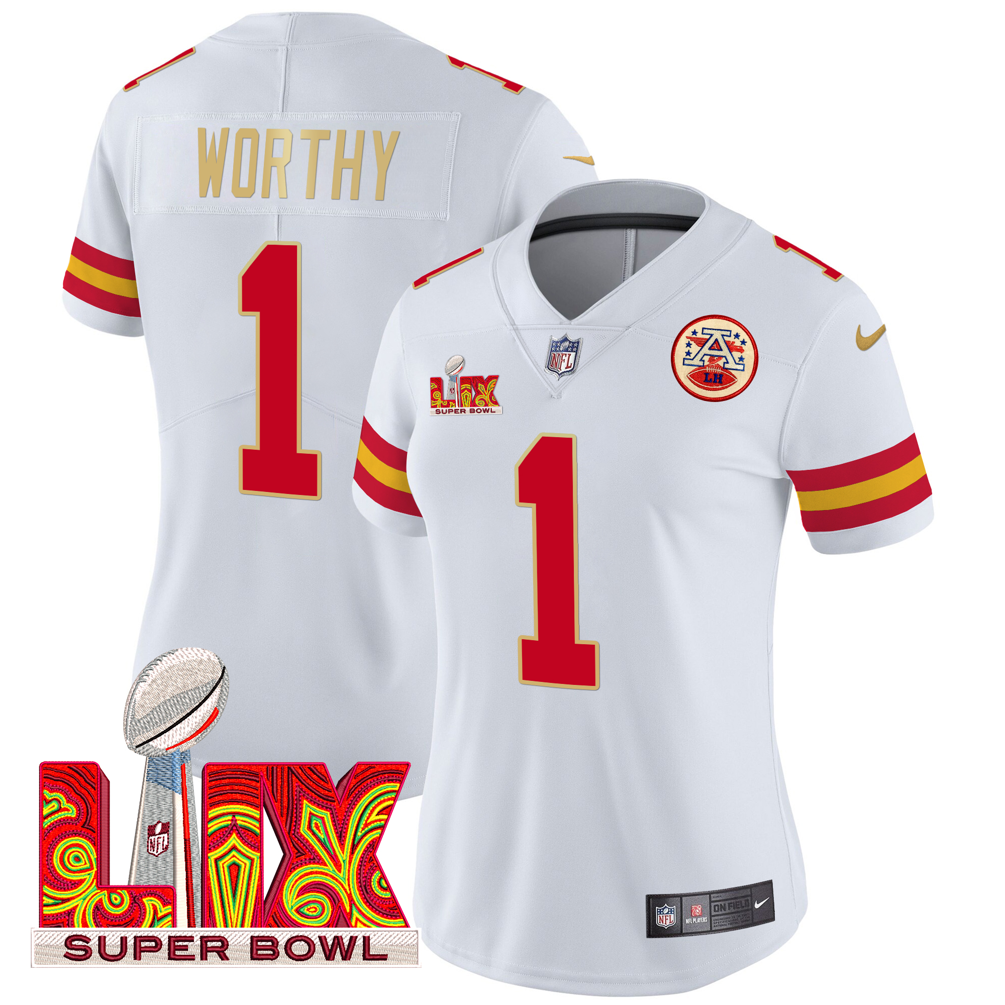 Xavier Worthy Women's Kansas City Chiefs Super Bowl LIX Patch Gold Trim Vapor Limited White Jersey - All Stitched