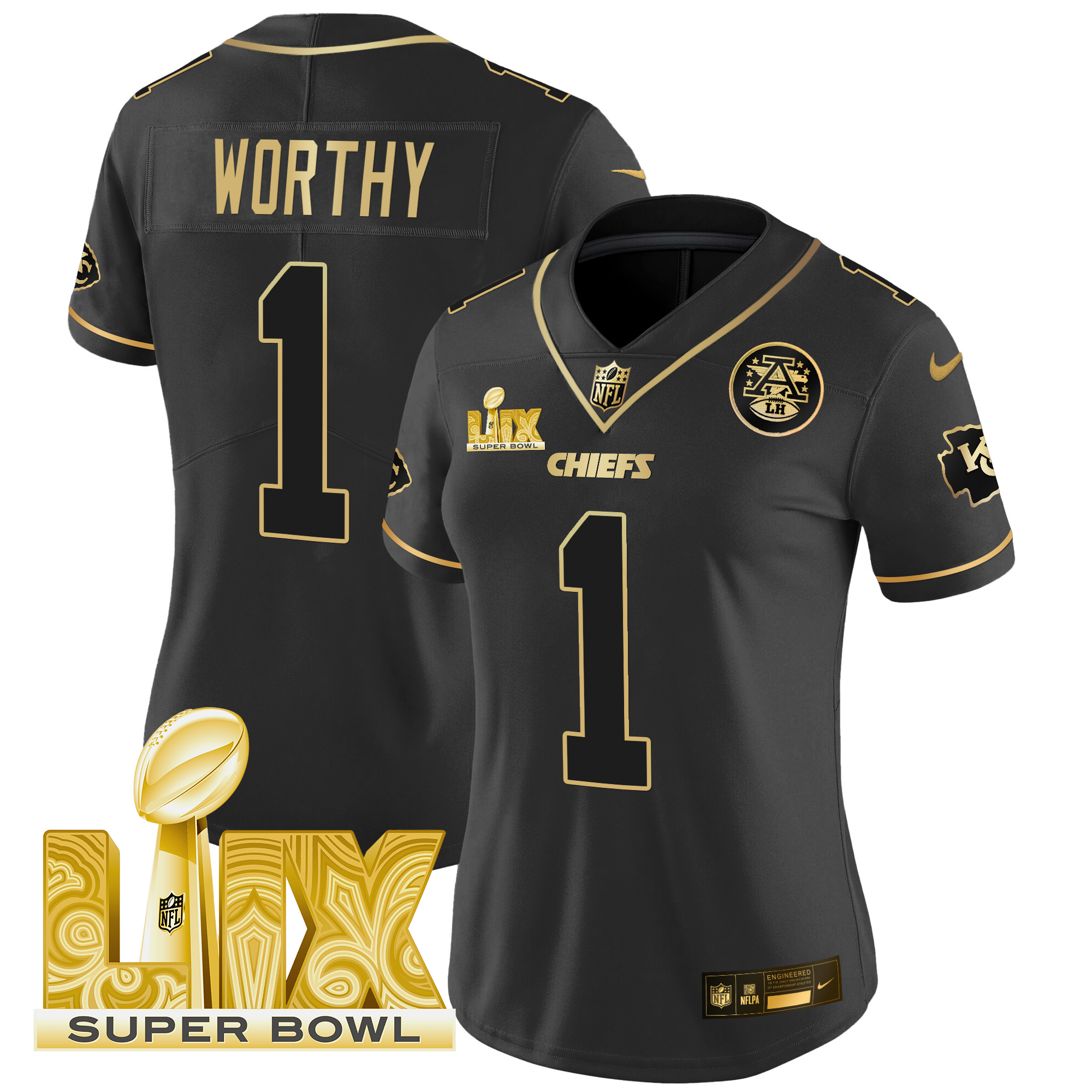 Xavier Worthy Women's Kansas City Chiefs Super Bowl LIX Patch Gold Vapor Limited Black Gold Jersey - All Stitched