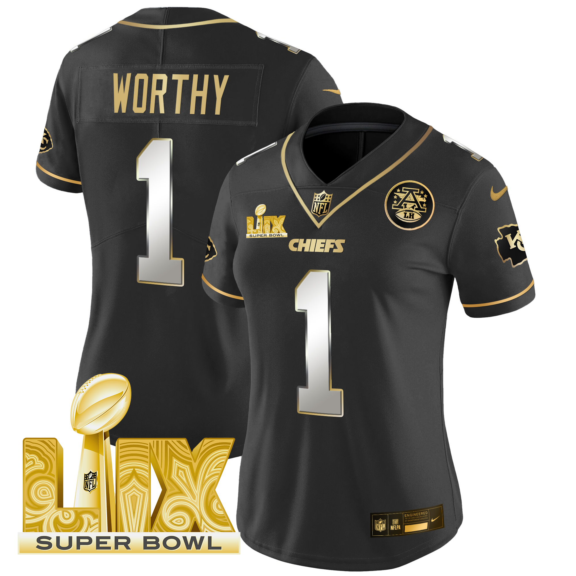 Xavier Worthy Women's Kansas City Chiefs Super Bowl LIX Patch Gold Vapor Limited Black Limited Jersey - All Stitched