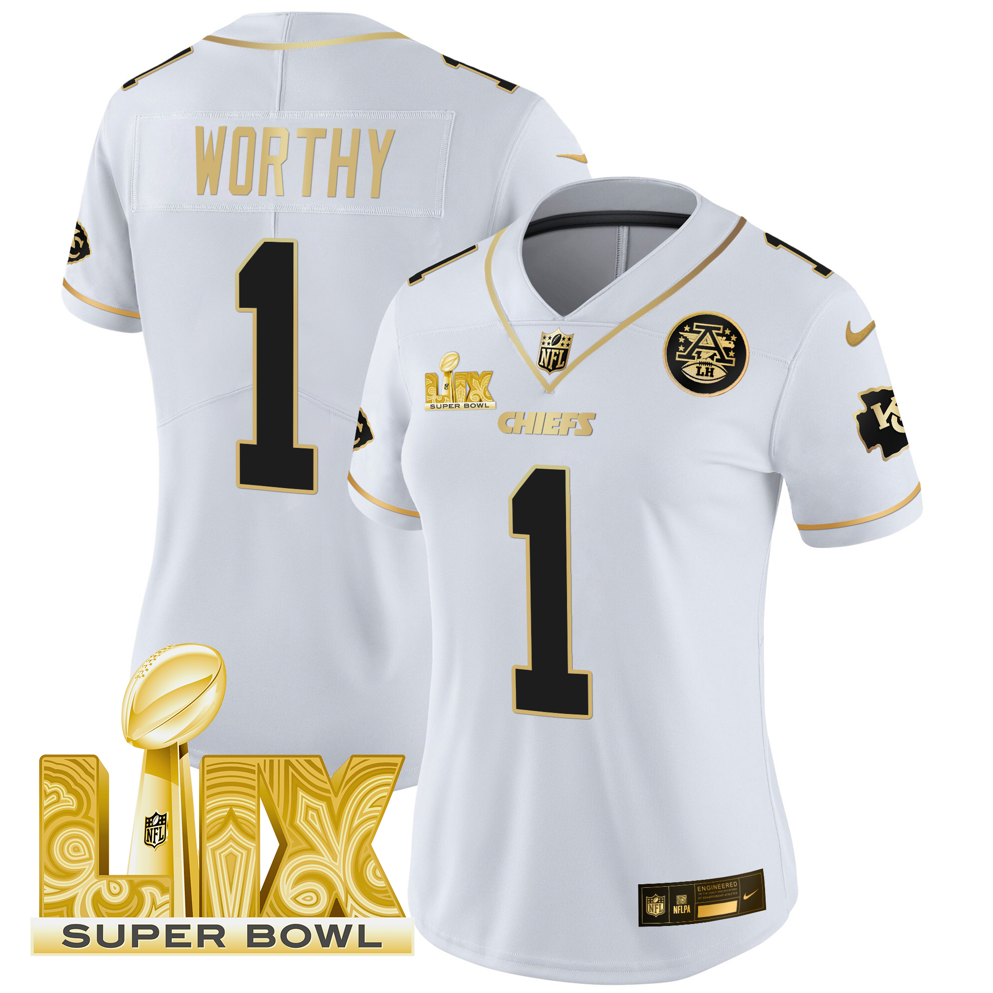 Xavier Worthy Women's Kansas City Chiefs Super Bowl LIX Patch Gold Vapor Limited White Gold Jersey - All Stitched