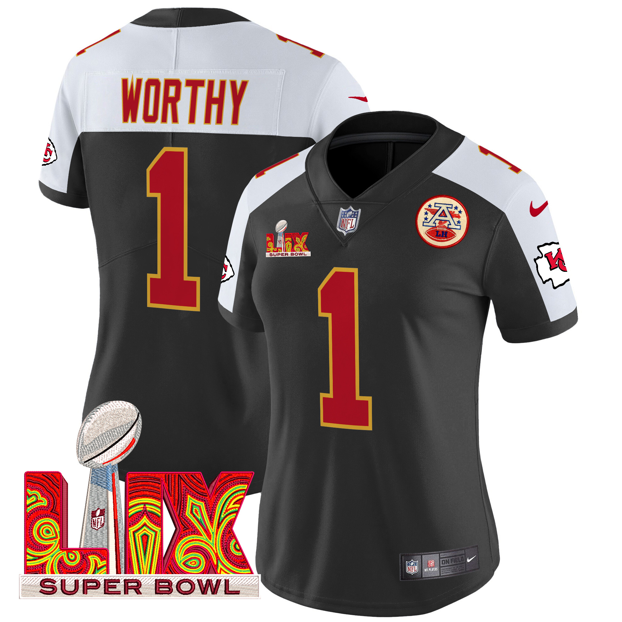 Xavier Worthy Women's Kansas City Chiefs Super Bowl LIX Patch Vapor Limited Black Alternate Jersey - All Stitched
