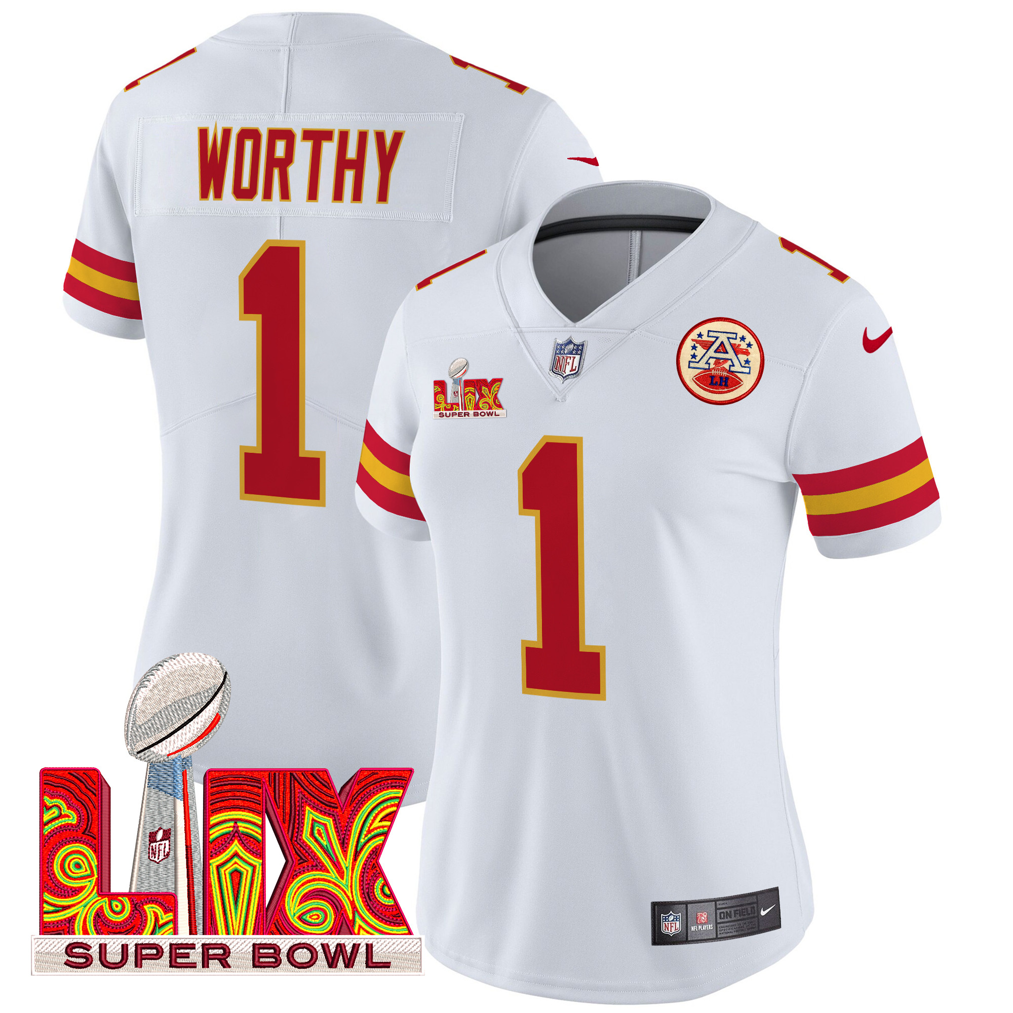 Xavier Worthy Women's Kansas City Chiefs Super Bowl LIX Patch Vapor Limited White Jersey - All Stitched