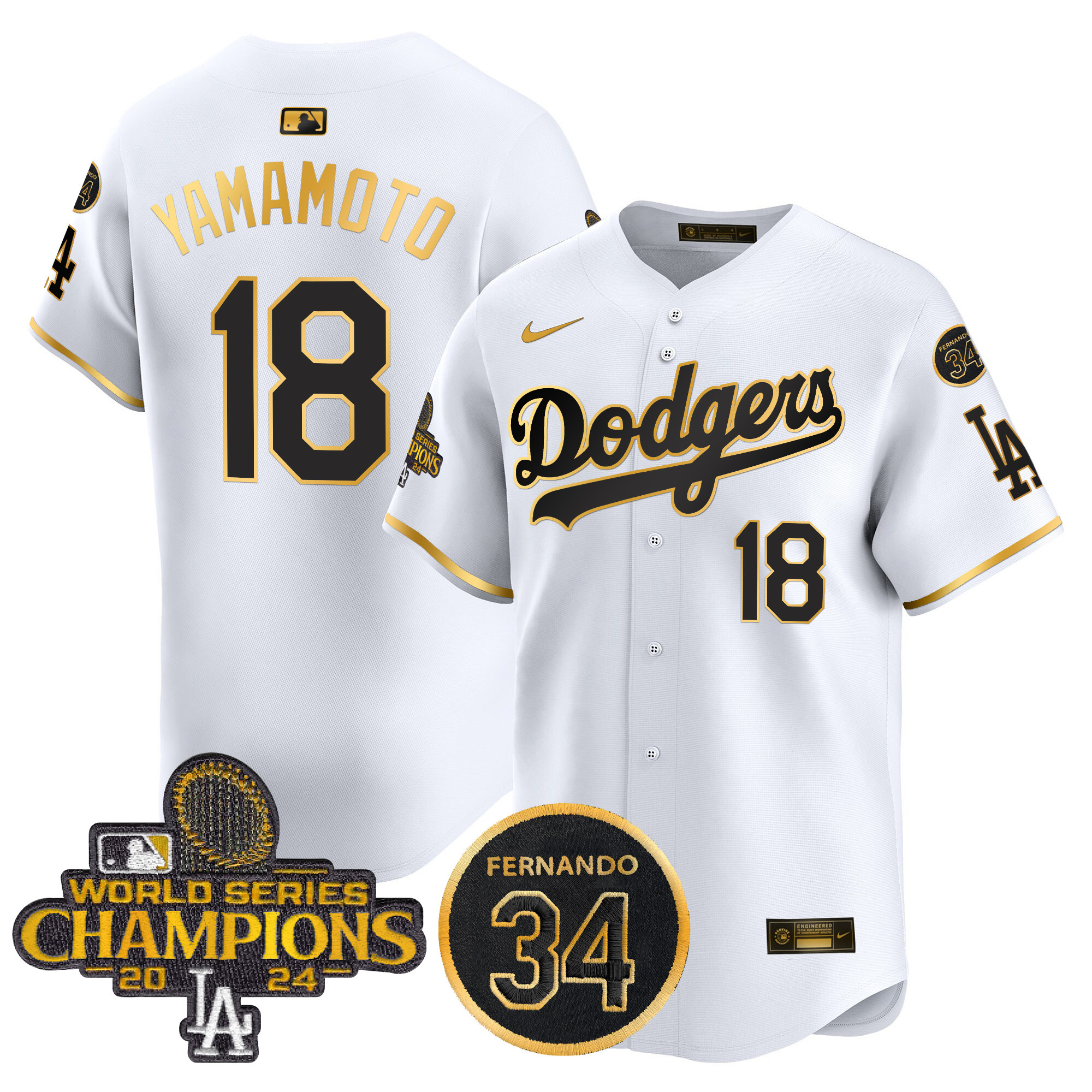 Yamamoto Men's Los Angeles Dodgers 2024 World Series Champions Gold Trim Vapor Premier Limited White Gold Jersey V2 - All Stitched