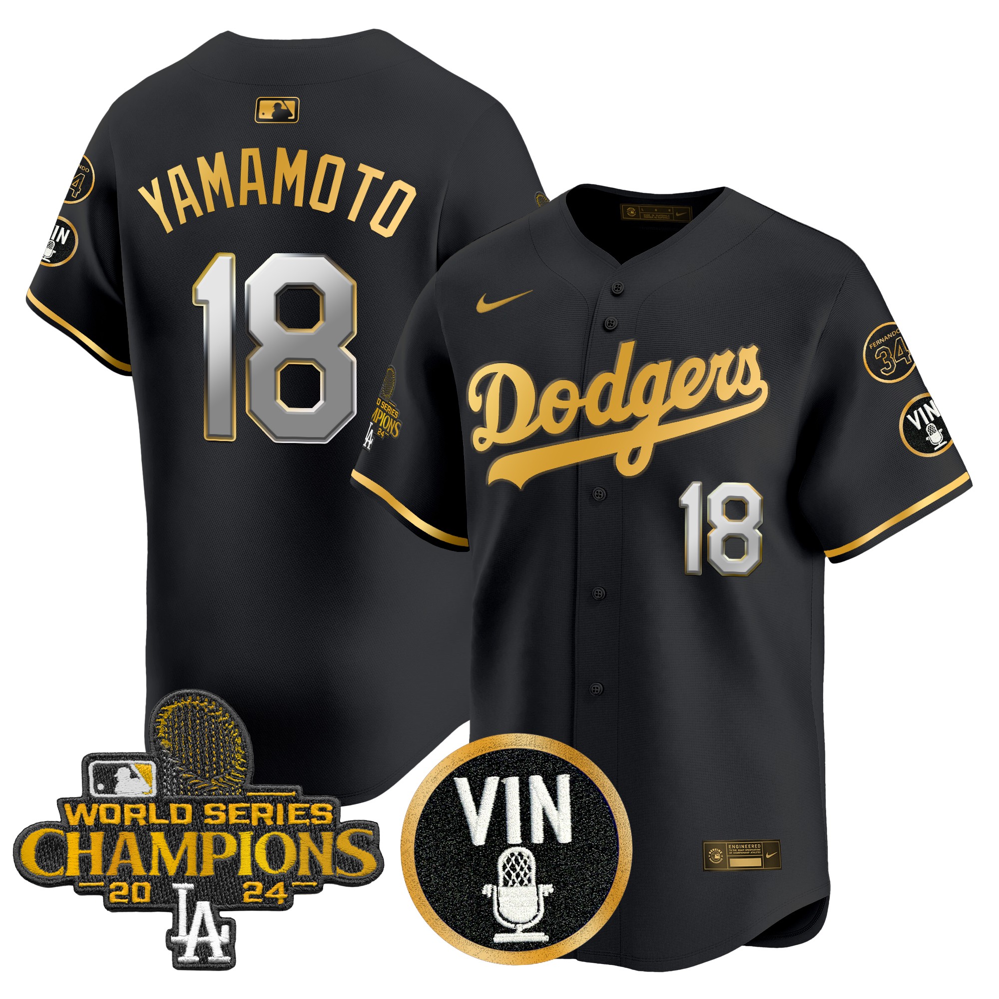 Yamamoto Men's Los Angeles Dodgers 2025 Vin Scully & #34 Fernando Patch Gold Vapor Premier Limited Black Gold Jersey - All Stitched