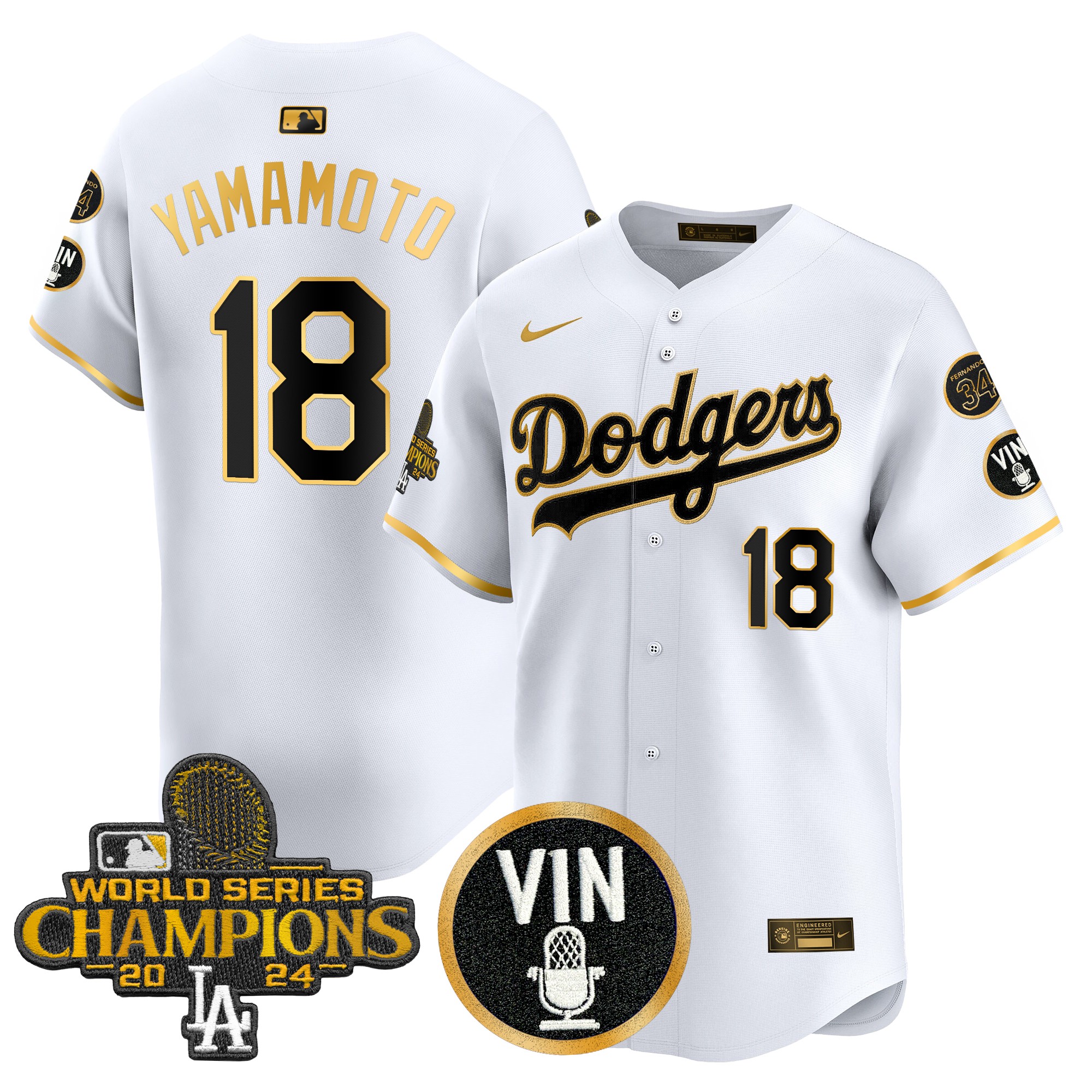 Yamamoto Men's Los Angeles Dodgers 2025 Vin Scully & #34 Fernando Patch Gold Vapor Premier Limited White Gold Jersey - All Stitched