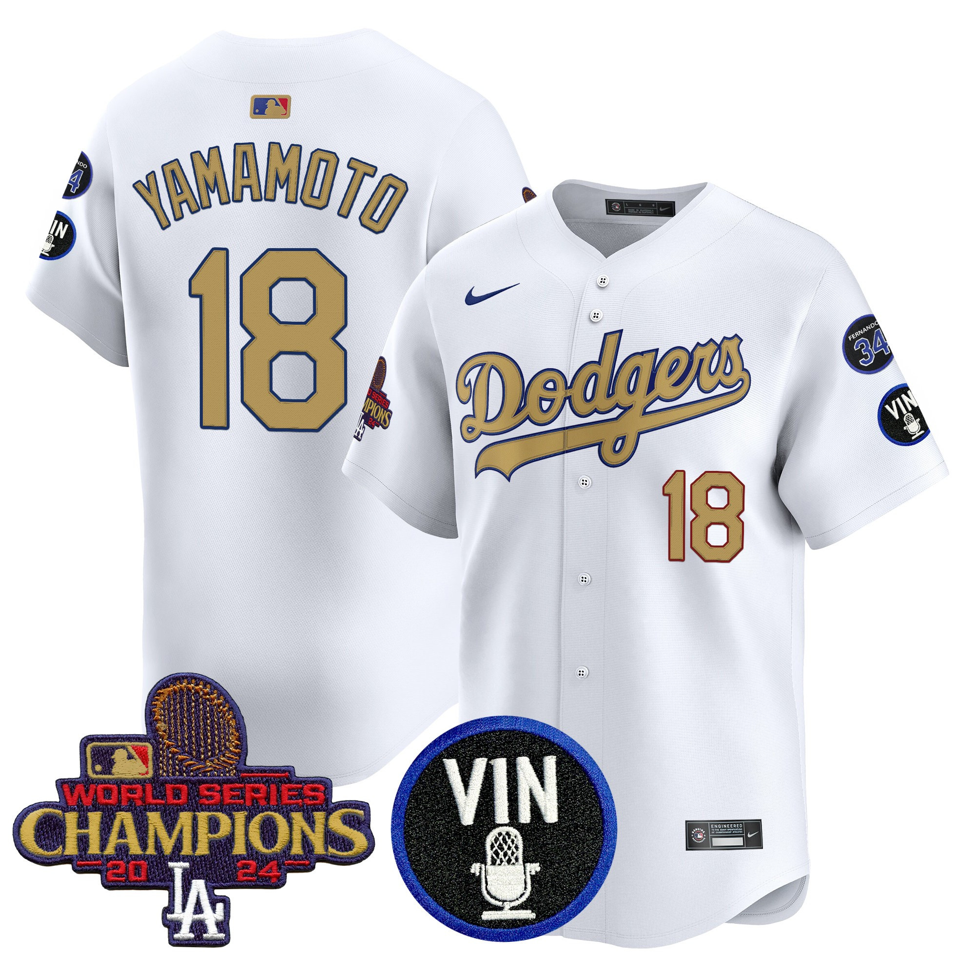 Yamamoto Men's Los Angeles Dodgers 2025 Vin Scully & #34 Fernando Patch Gold Vapor Premier Limited White Jersey - All Stitched