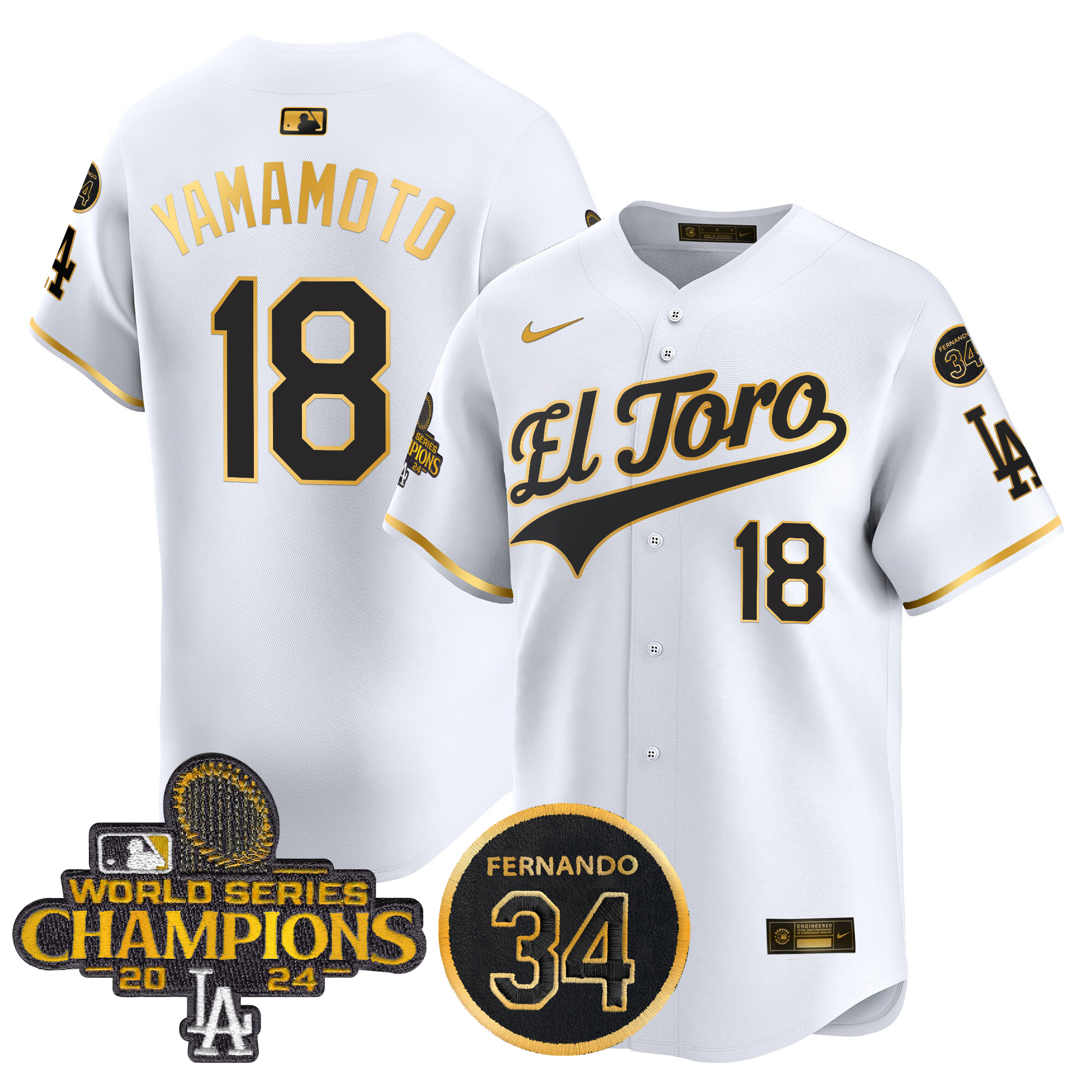 Yamamoto Men's Los Angeles Dodgers El Toro 2024 World Series Champions Patch Vapor Premier Limited White Gold Jersey - All Stitched