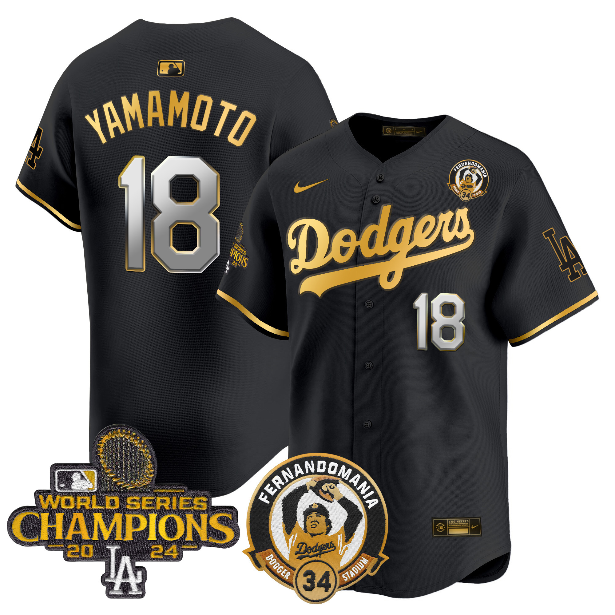 Yamamoto Men's Los Angeles Dodgers Fernando & 2024 World Series Champions Patch Vapor Premier Limited Black Gold Jersey - All Stitched