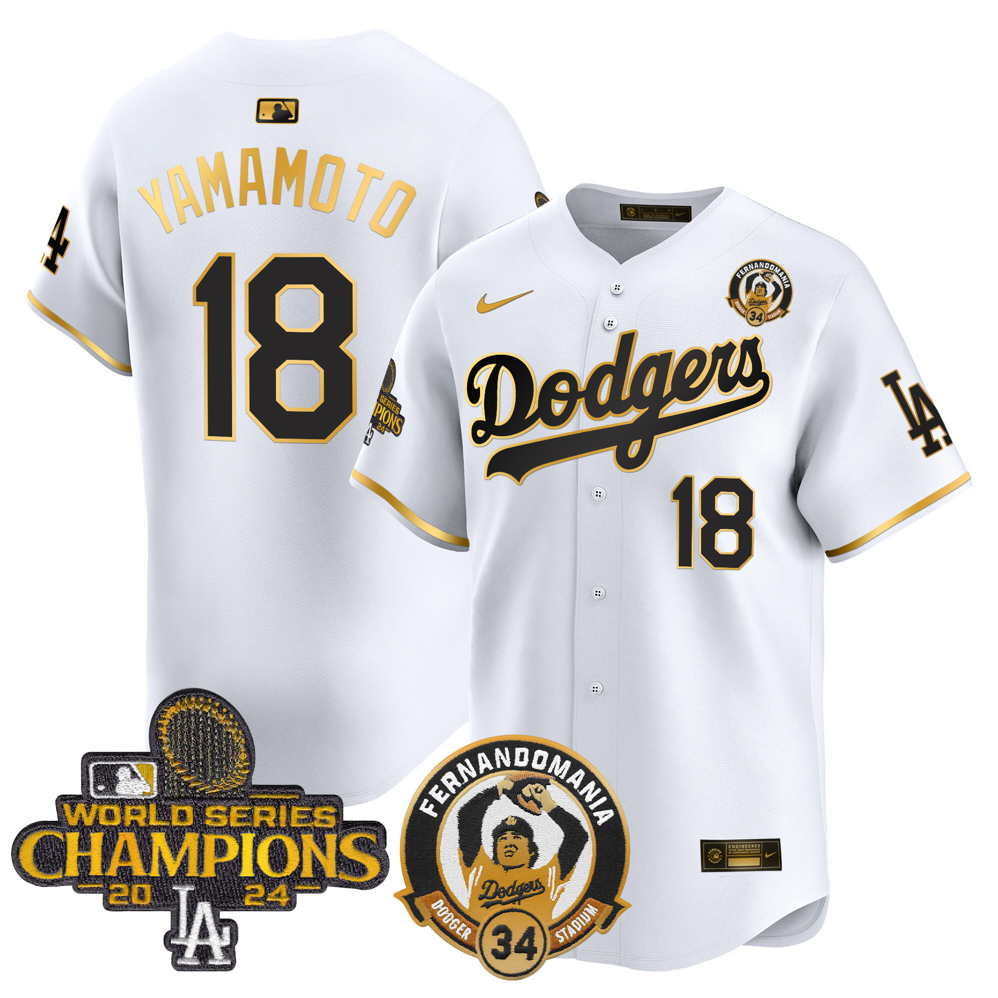 Yamamoto Men's Los Angeles Dodgers Fernando & 2024 World Series Champions Patch Vapor Premier Limited White Gold Jersey - All Stitched