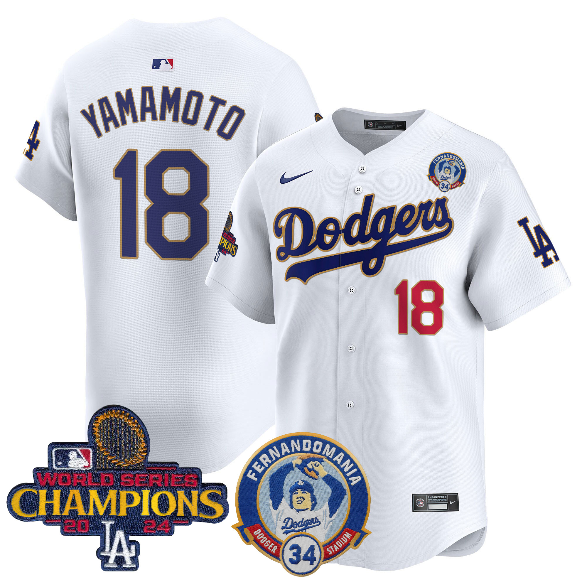 Yamamoto Men's Los Angeles Dodgers Fernando & 2024 World Series Champions Patch Vapor Premier Limited White Jersey - All Stitched