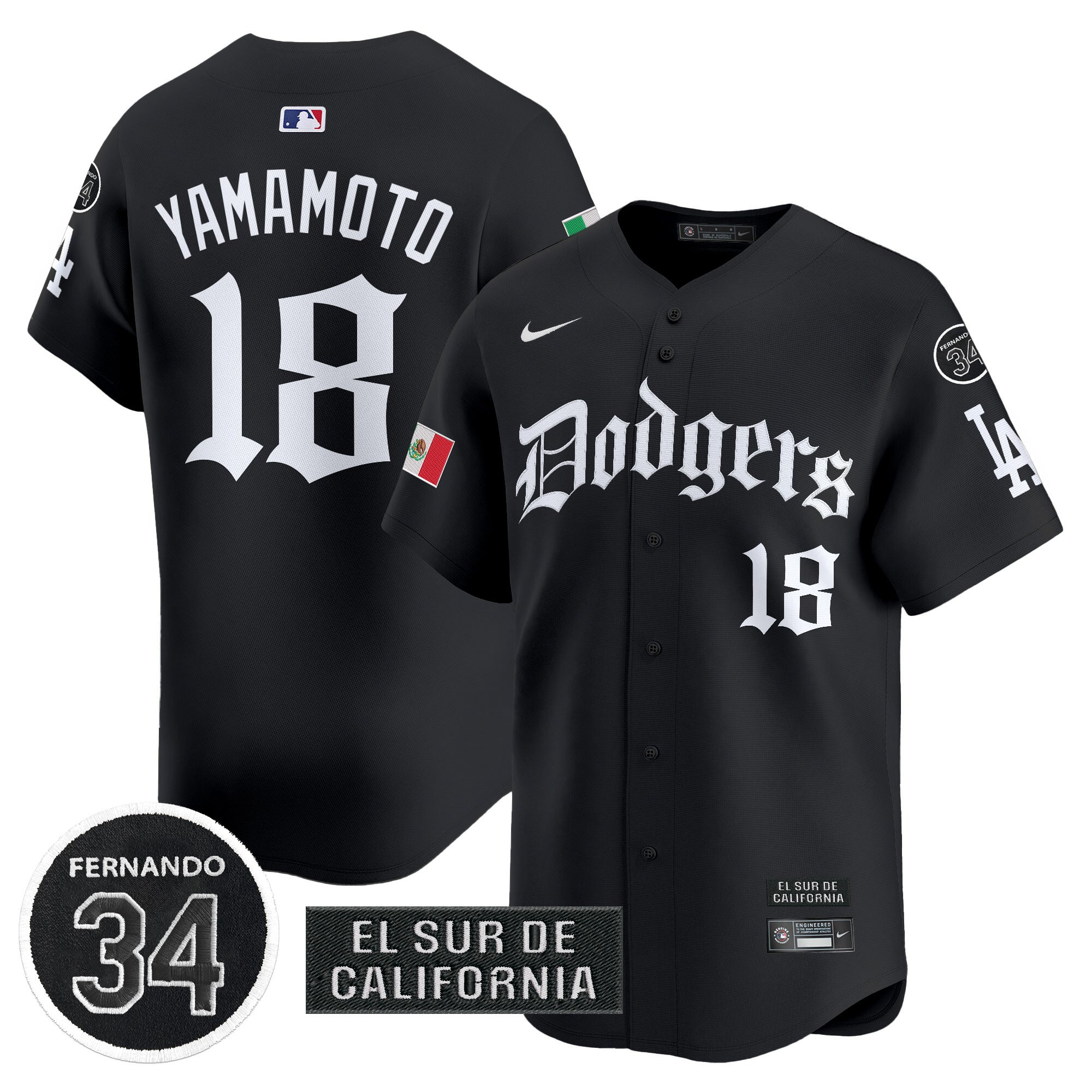 Yamamoto Men's Los Angeles Dodgers Mexico 2025 LA Gothic Style Vapor Premier Limited Black Jersey V2 - All Stitched
