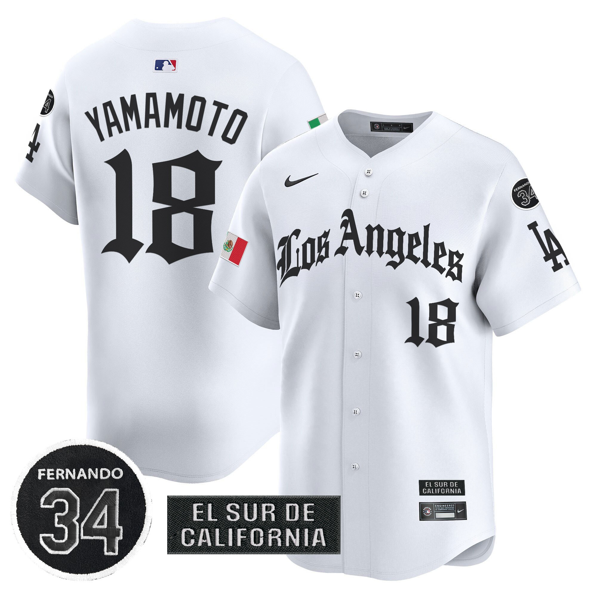 Yamamoto Men's Los Angeles Dodgers Mexico 2025 LA Gothic Style Vapor Premier Limited White Jersey - All Stitched