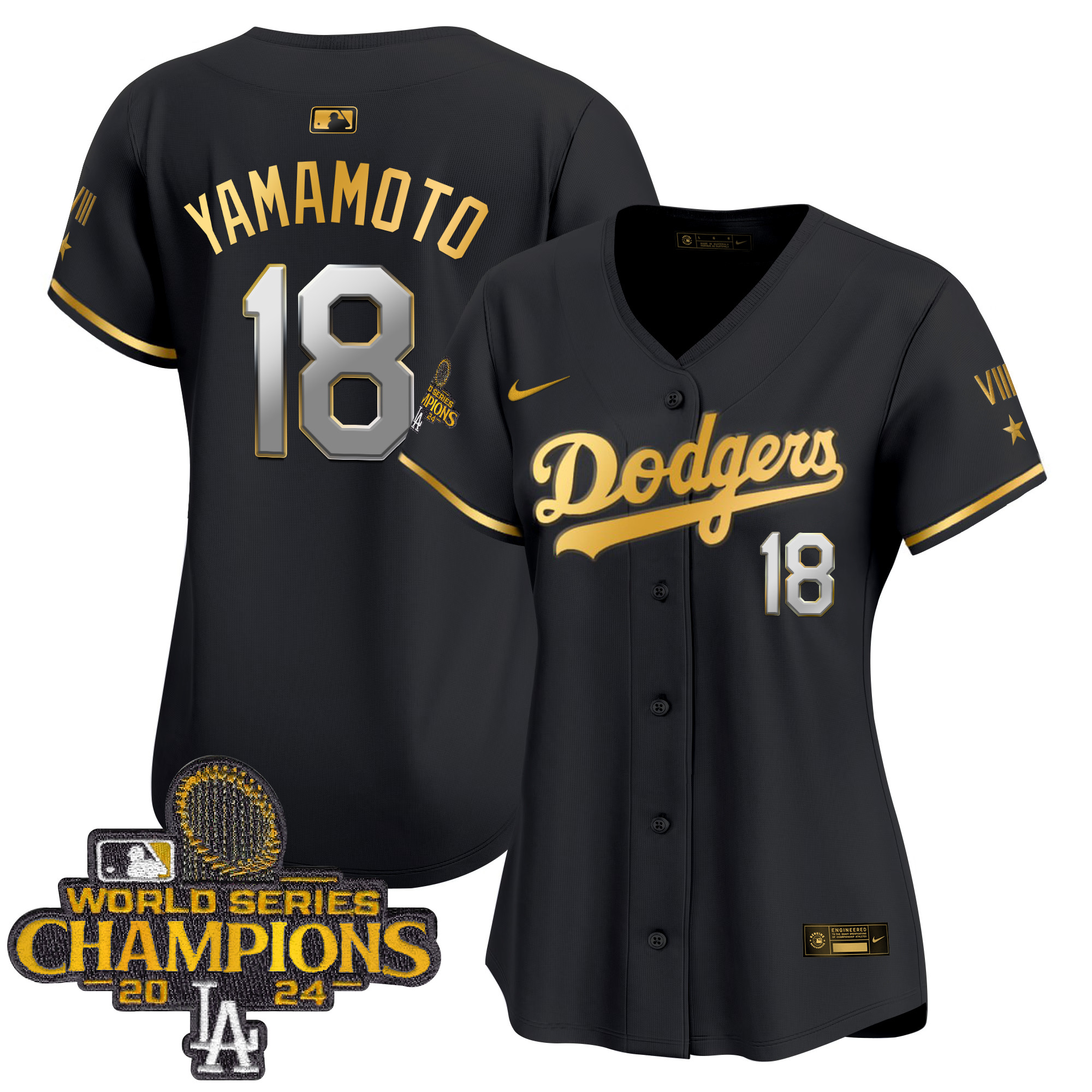 Yamamoto Women's Los Angeles Dodgers 2024 World Series Champions Gold Trim Vapor Premier Limited Black Gold Jersey - All Stitched