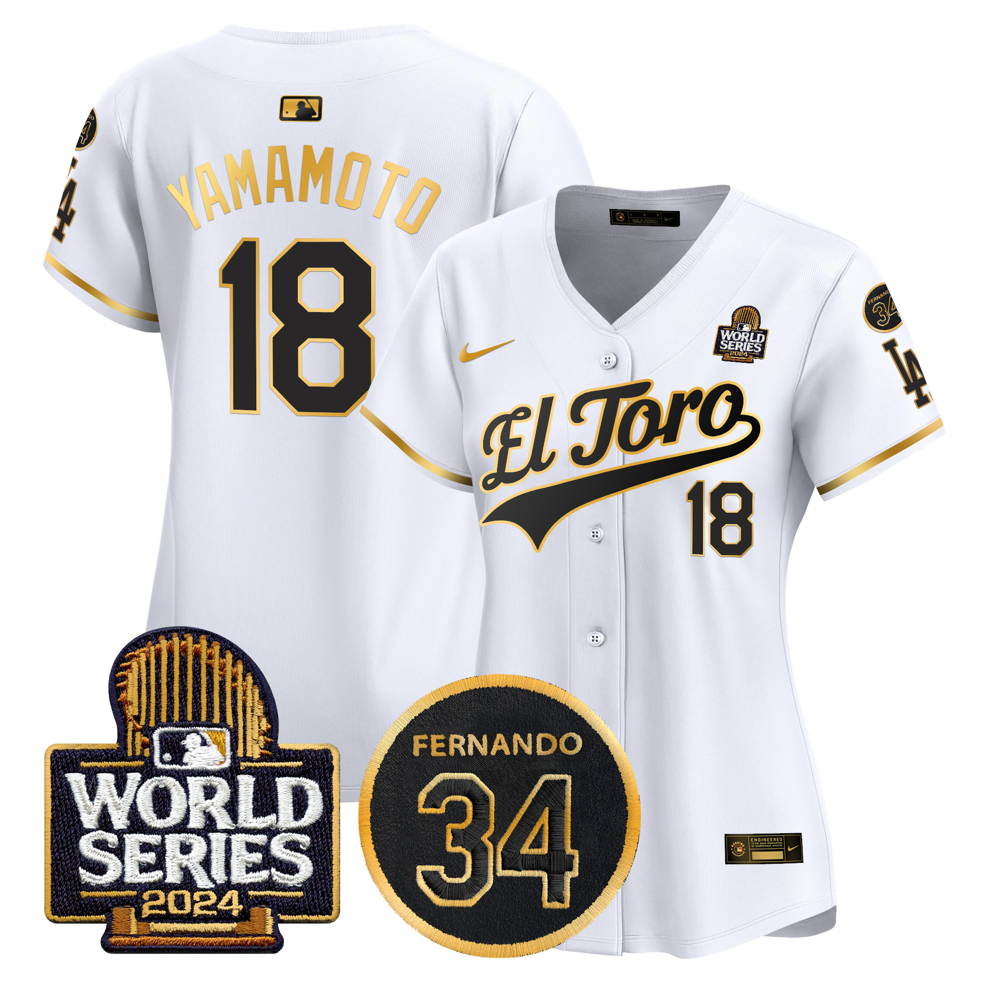 Yamamoto Women's Los Angeles Dodgers El Toro 2024 World Series Patch Vapor Premier Limited White Gold Jersey - All Stitched