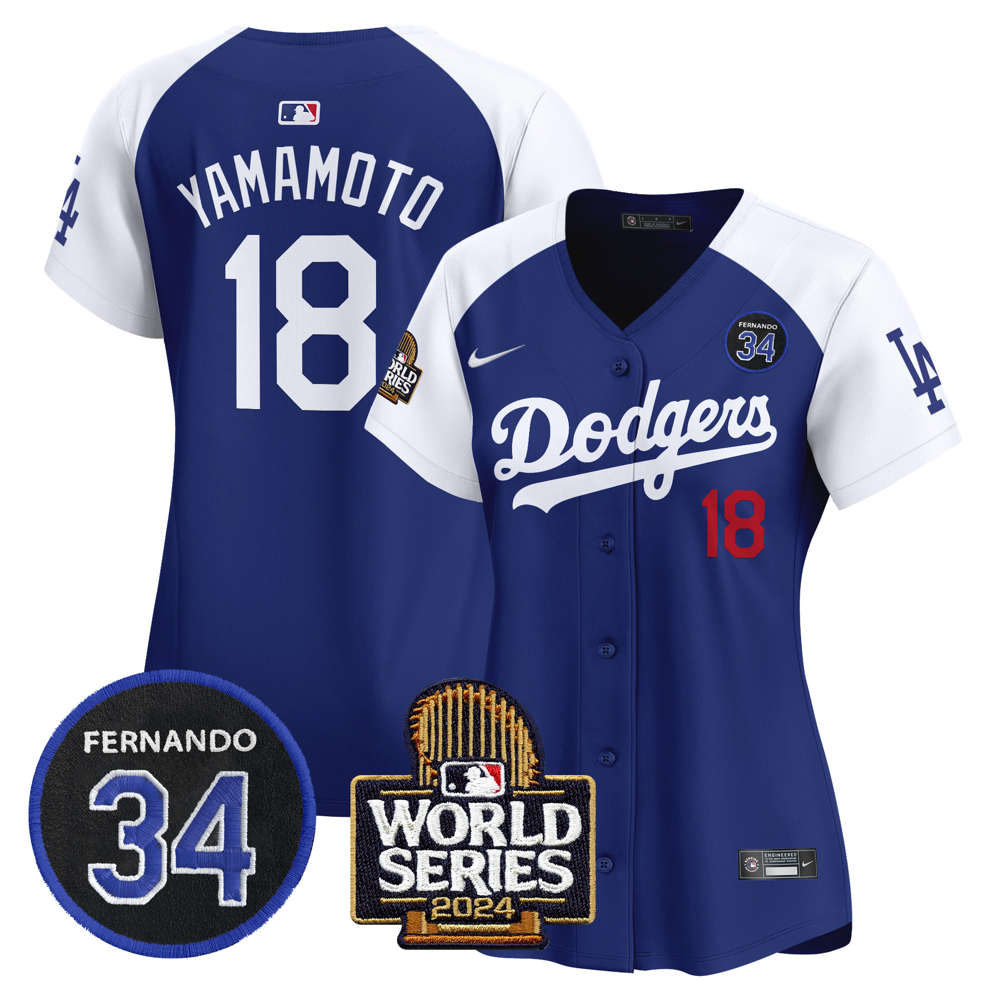 Yamamoto Women's Los Angeles Dodgers Fernando Valenzuela & 2024 World Series Patch Vapor Premier Limited Alternate Royal Jersey V2 - All Stitched