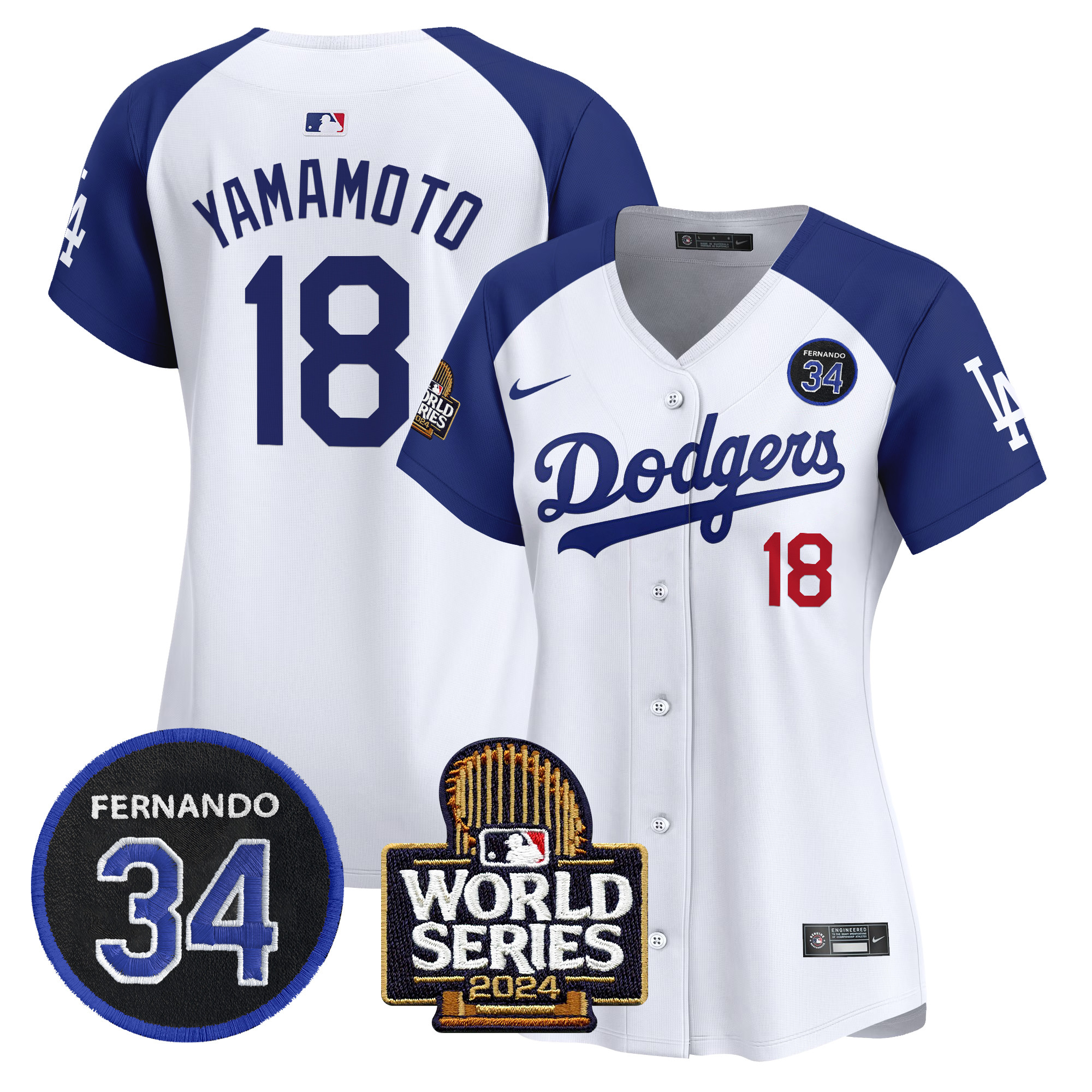 Yamamoto Women's Los Angeles Dodgers Fernando Valenzuela & 2024 World Series Patch Vapor Premier Limited Alternate White Jersey V2 - All Stitched